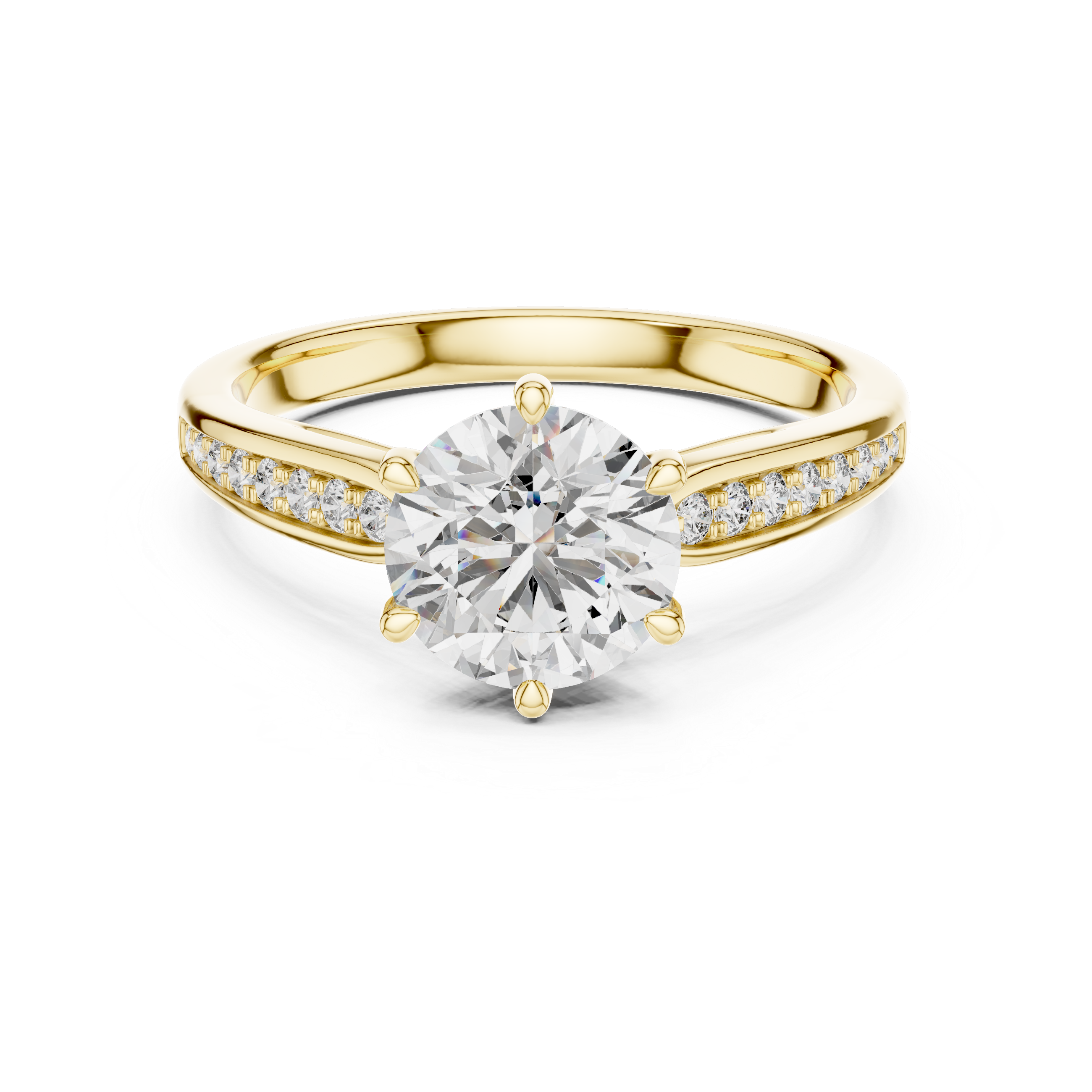 Gold ring with a large diamond and smaller diamonds on the band against a white background