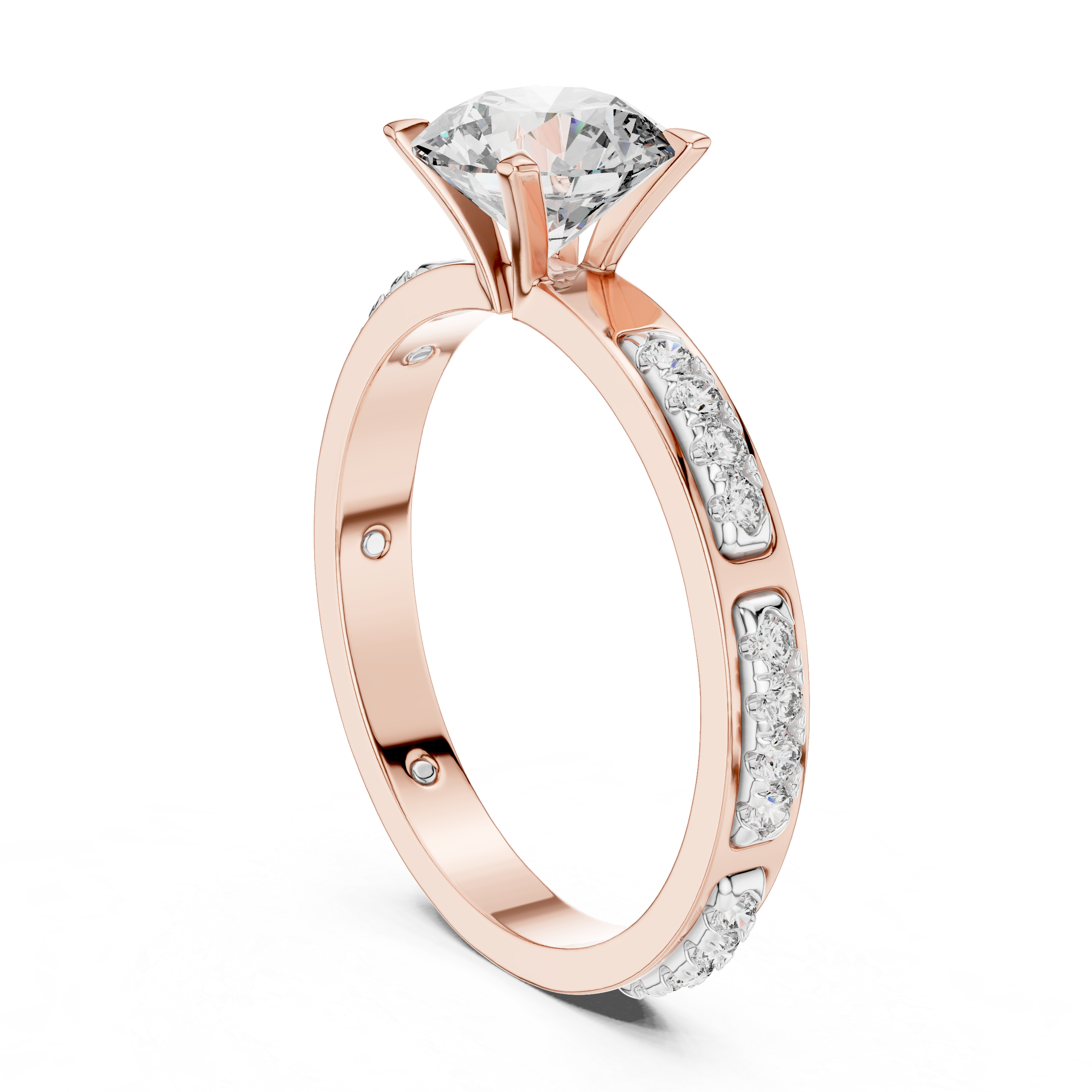 Rose gold ring with diamond accents on a white background