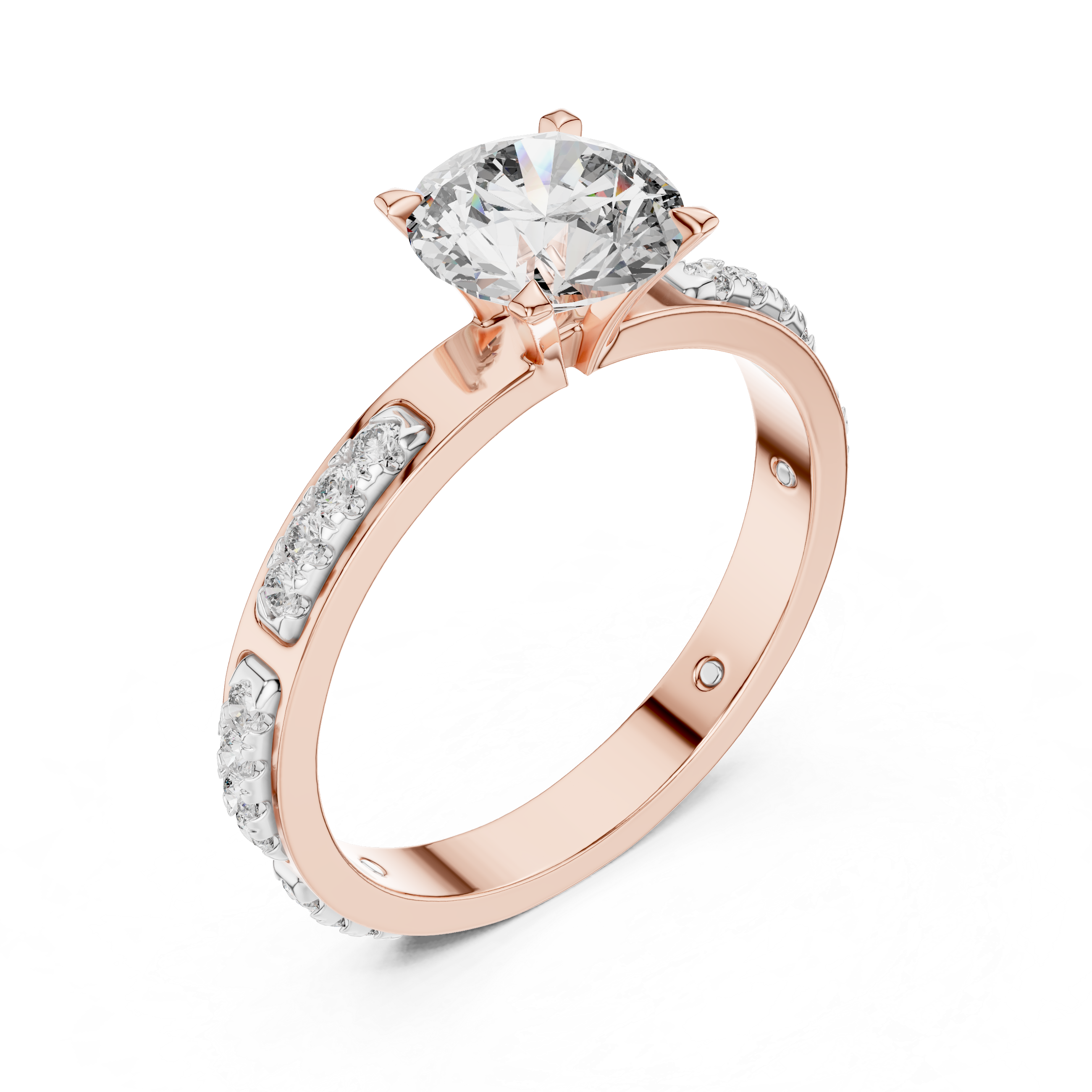 Rose gold ring with a large diamond and smaller diamonds on the band against a white background