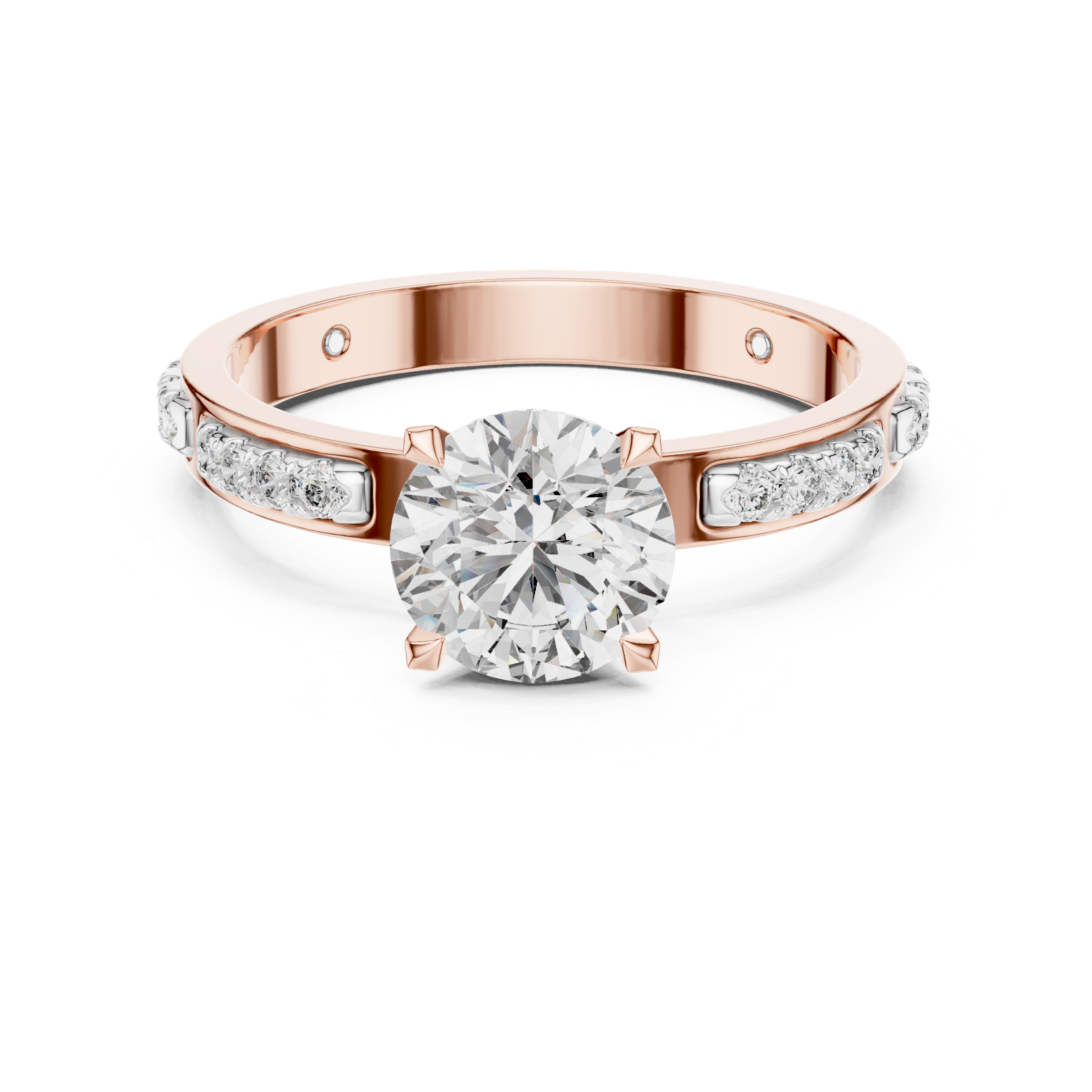 Rose gold ring with a large diamond and smaller diamonds on the band against a white background