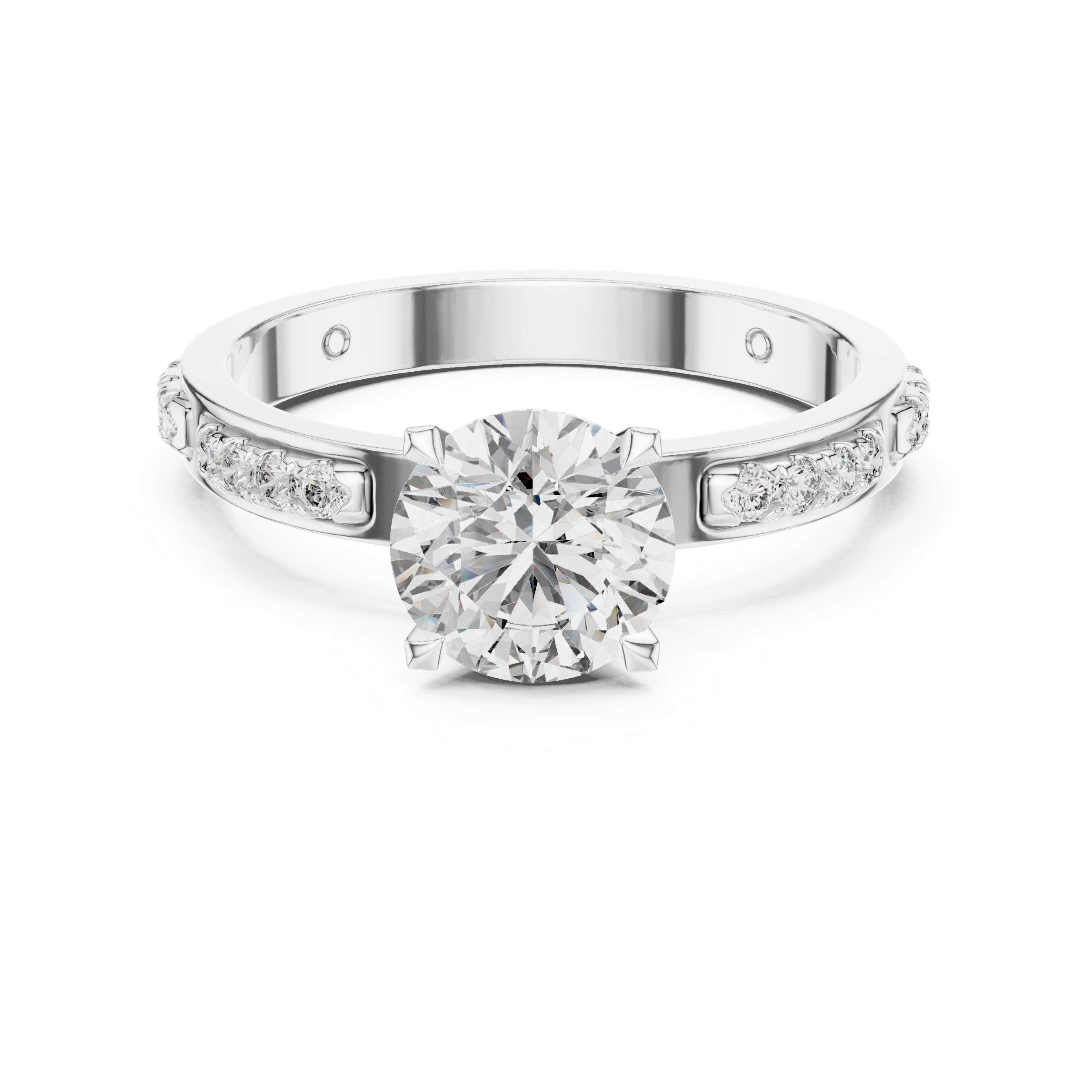 Silver ring with a large diamond and smaller diamonds on the band against a white background
