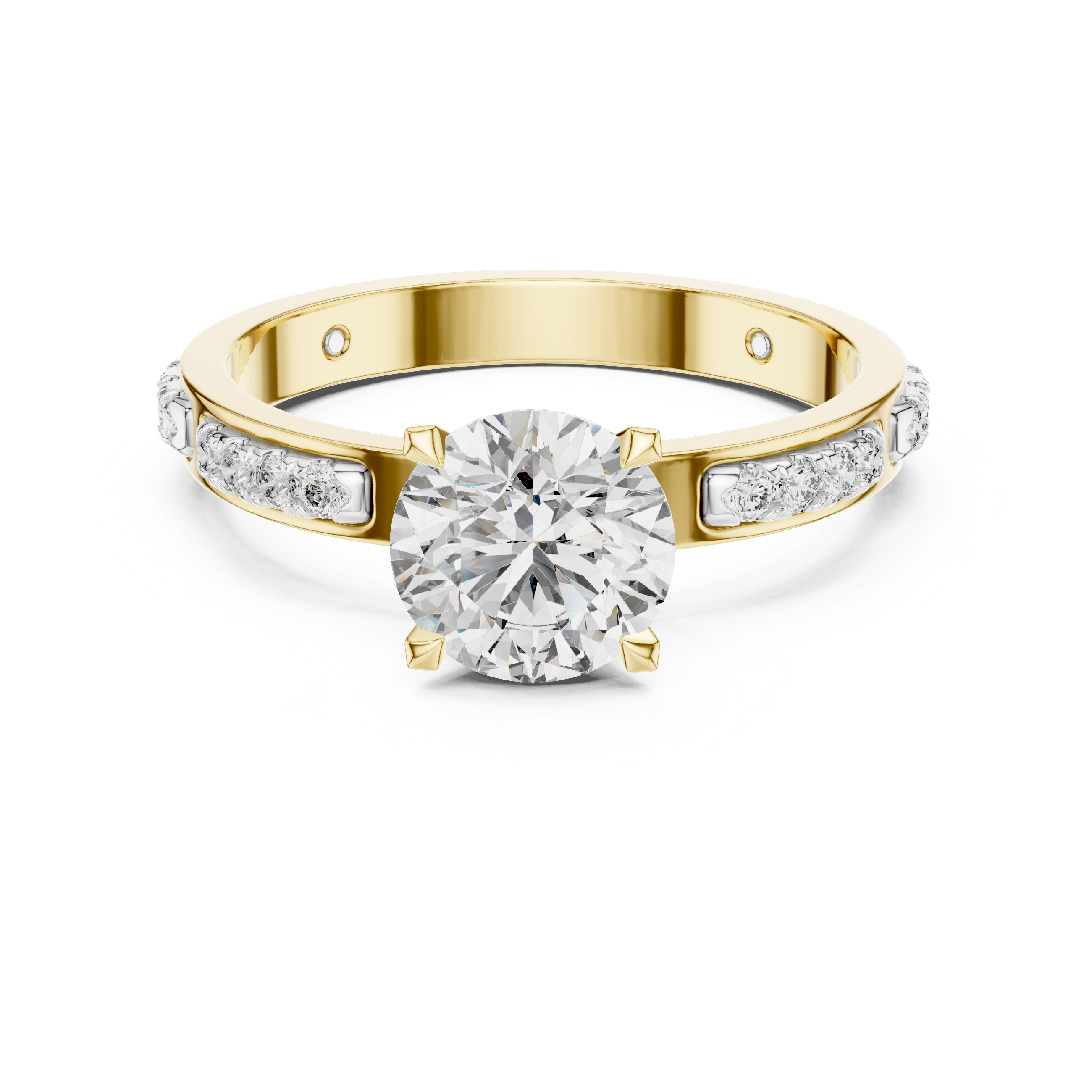 Gold ring with a large diamond and smaller diamonds on the band against a white background
