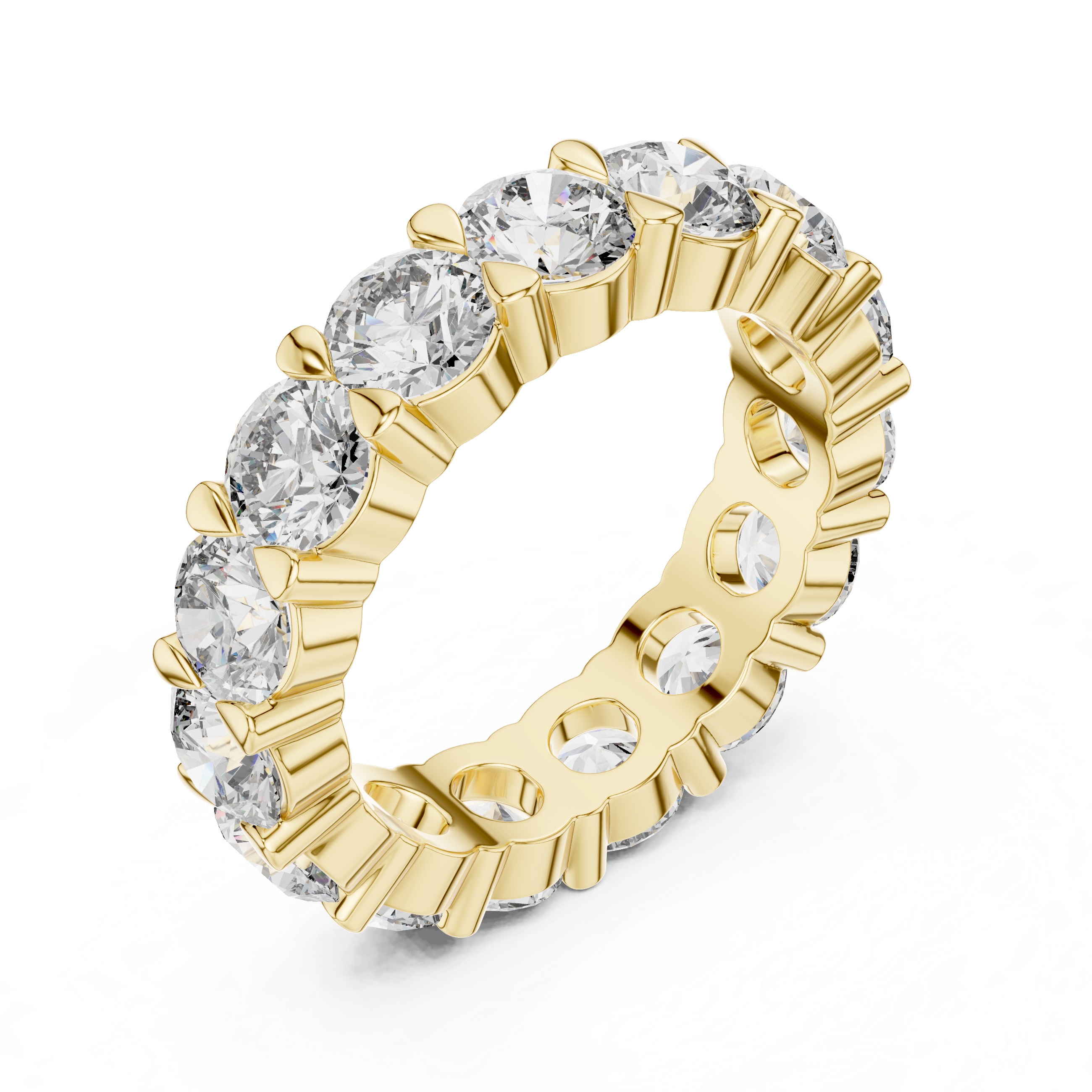 Gold ring with clear gemstones on a white background