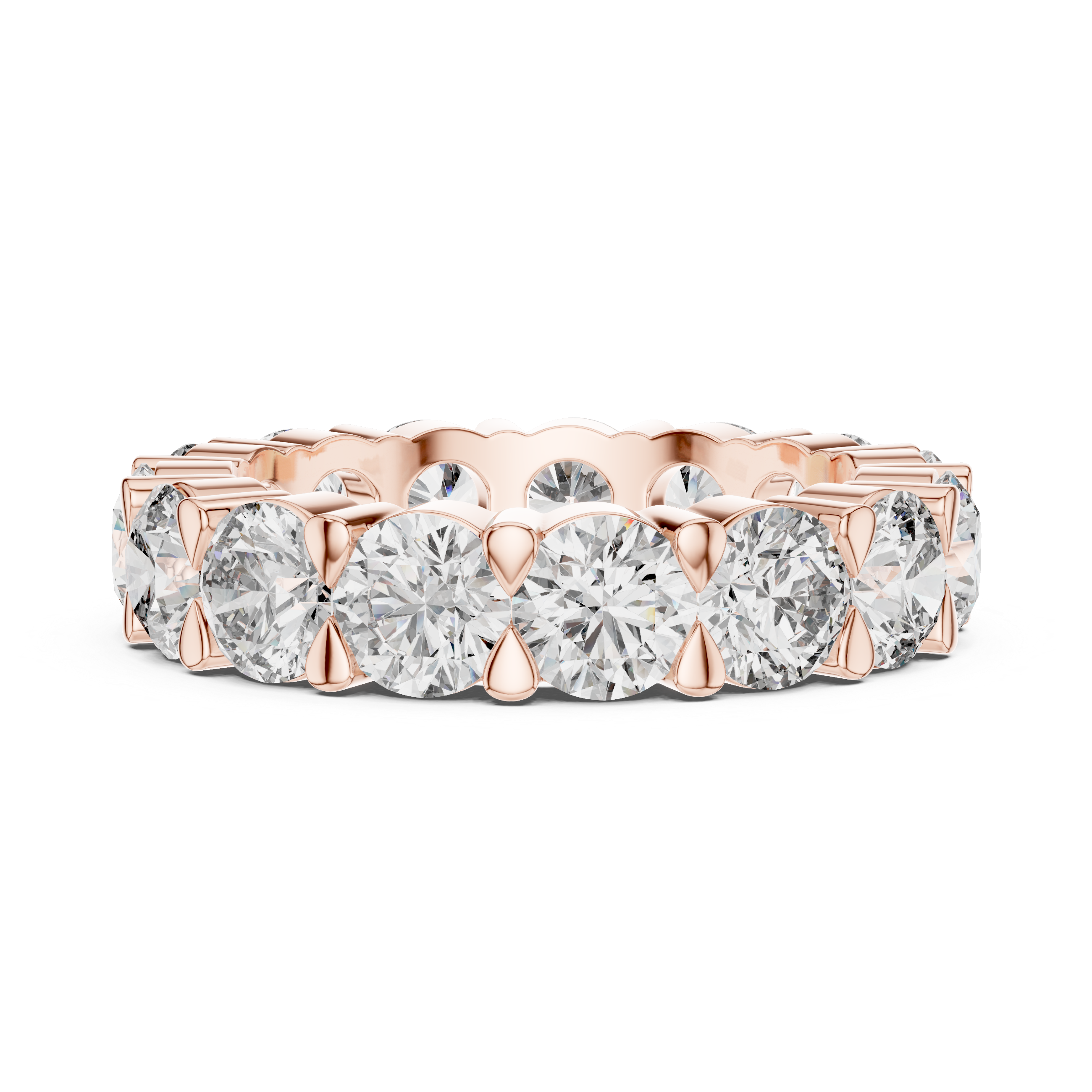 Rose gold ring with multiple diamonds on a white background