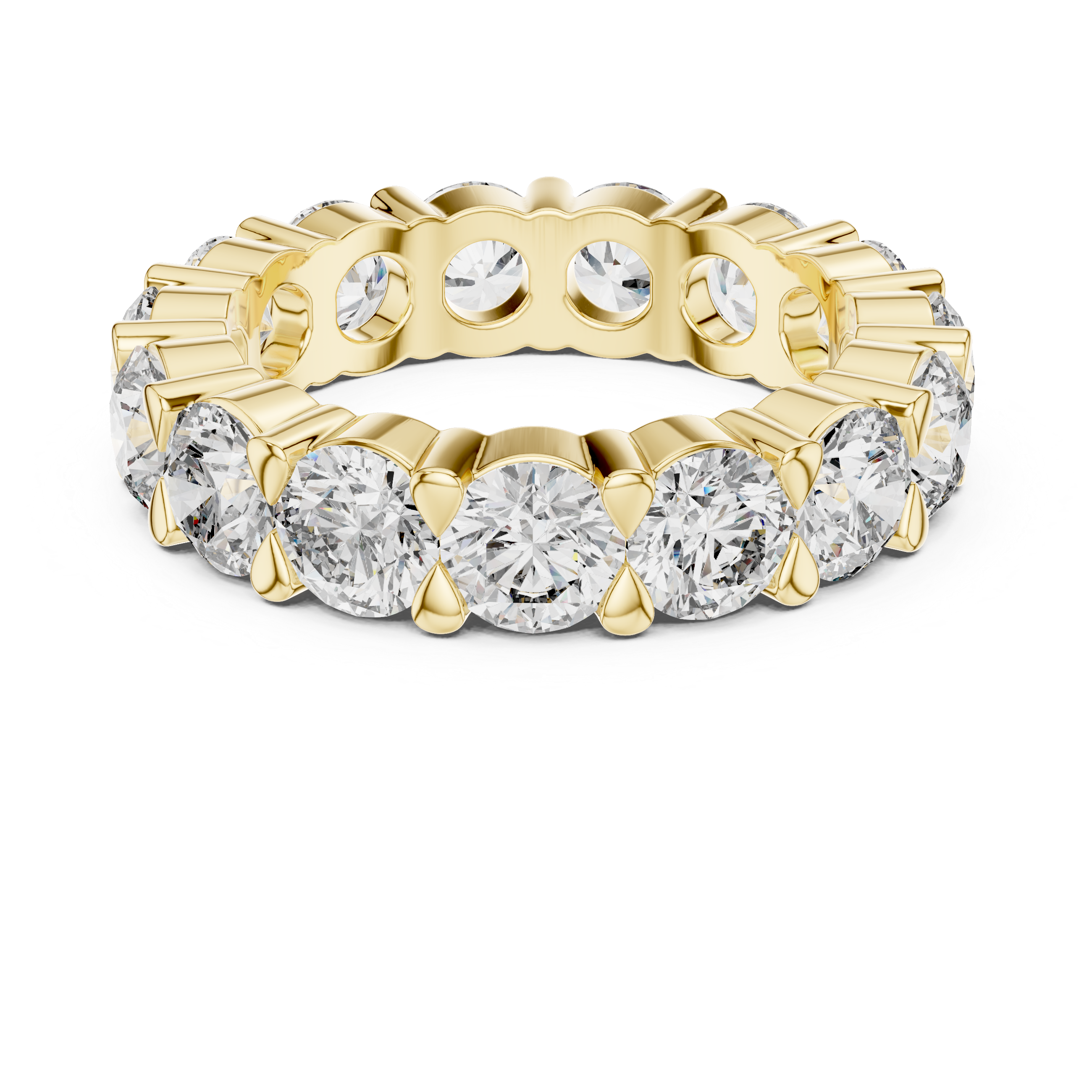 Gold ring with multiple diamonds on a white background