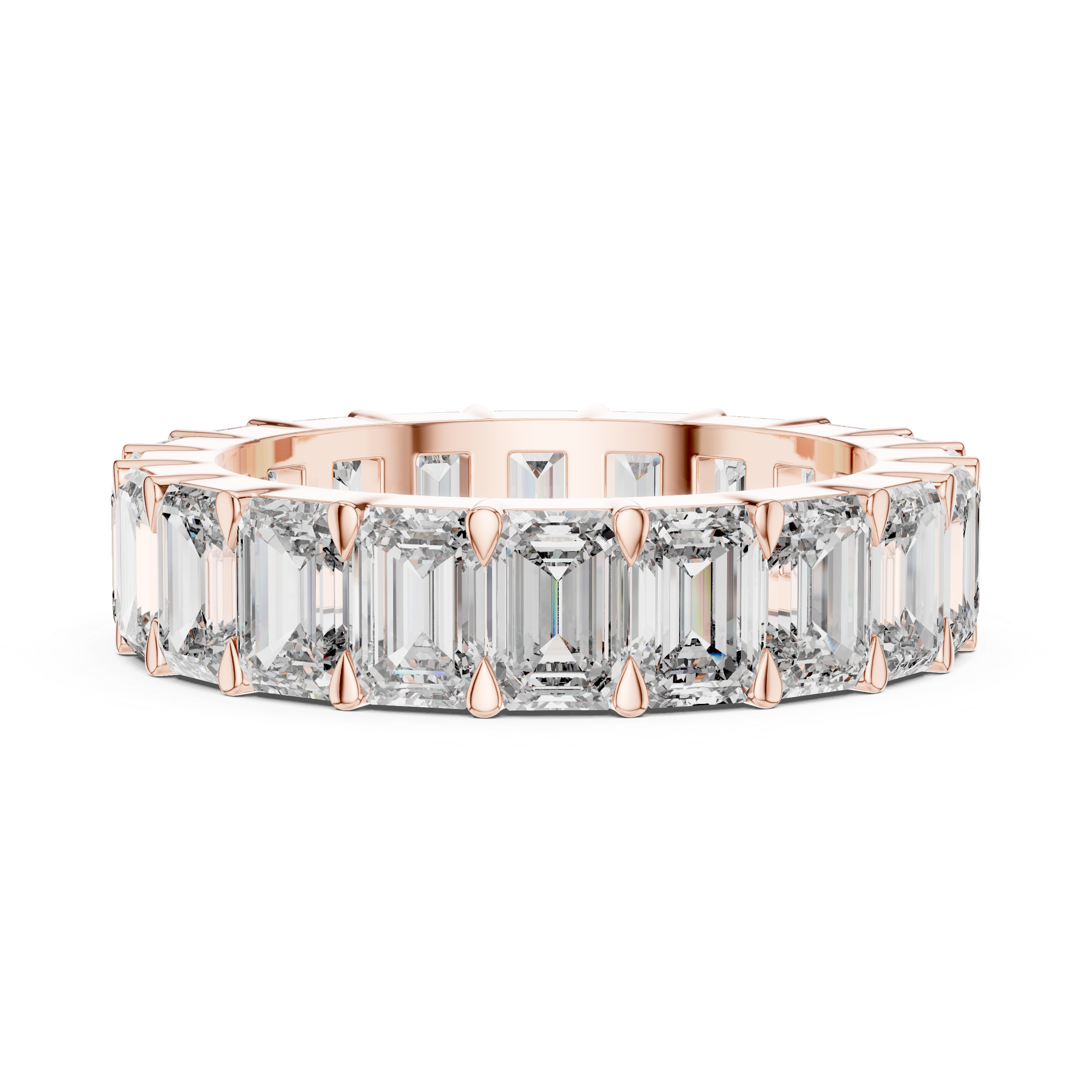 Rose gold ring with emerald-cut diamonds on a white background