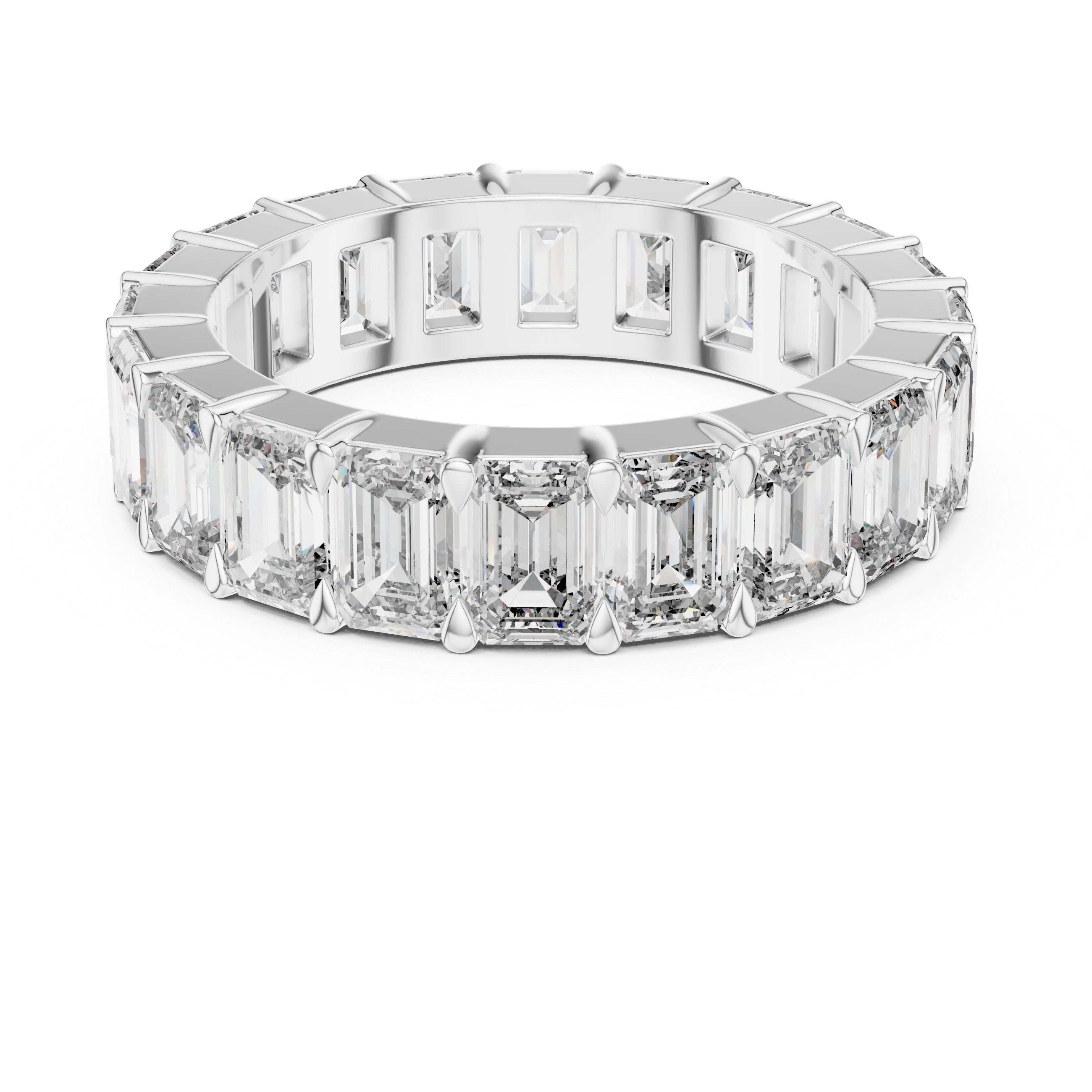 Diamond ring with emerald-cut stones on a white background