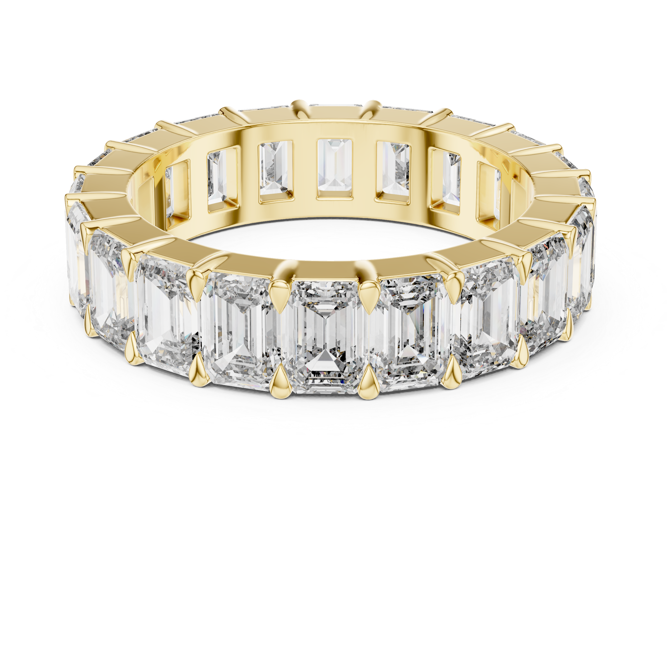 Gold ring with emerald-cut diamonds on a white background