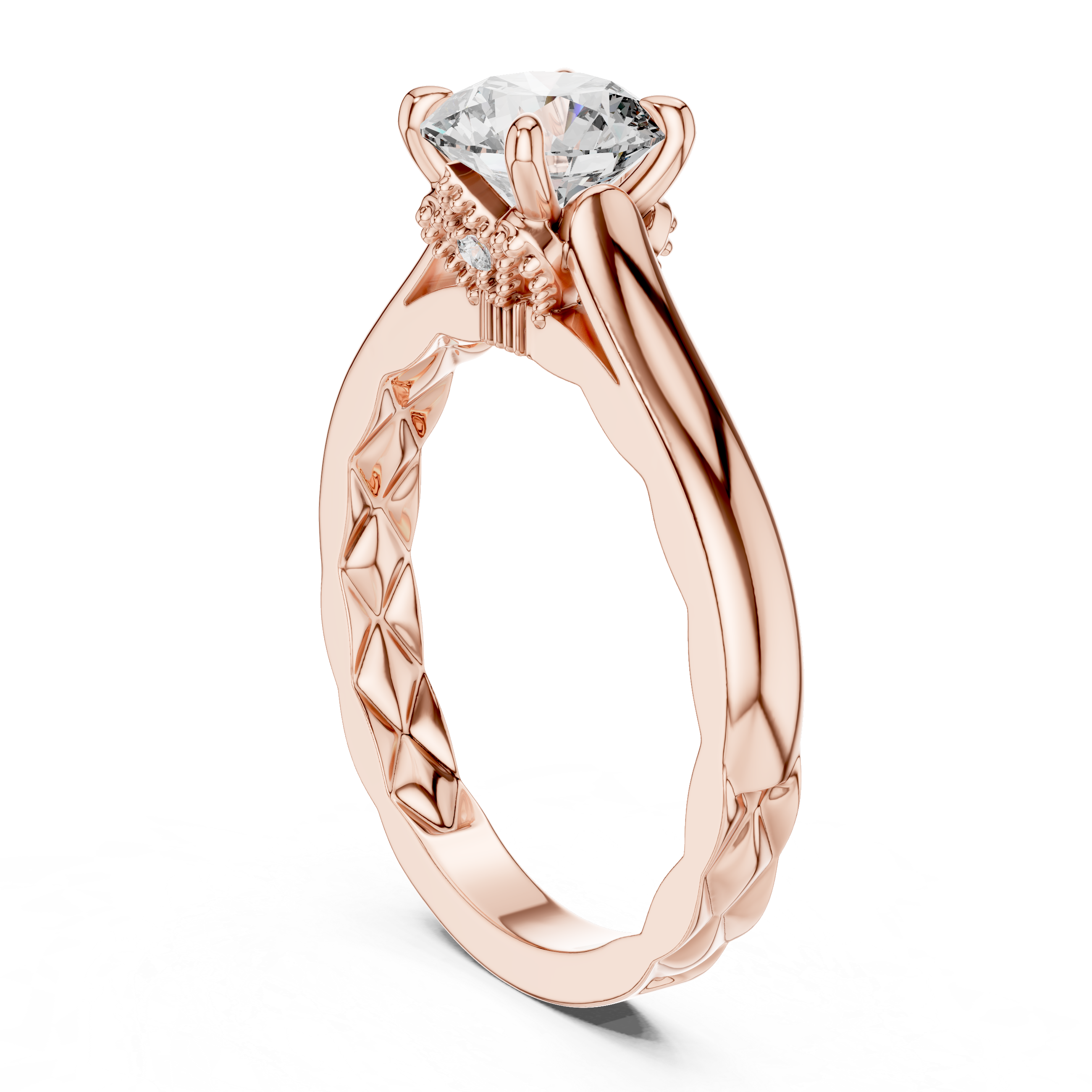 Rose gold ring with a diamond on a white background