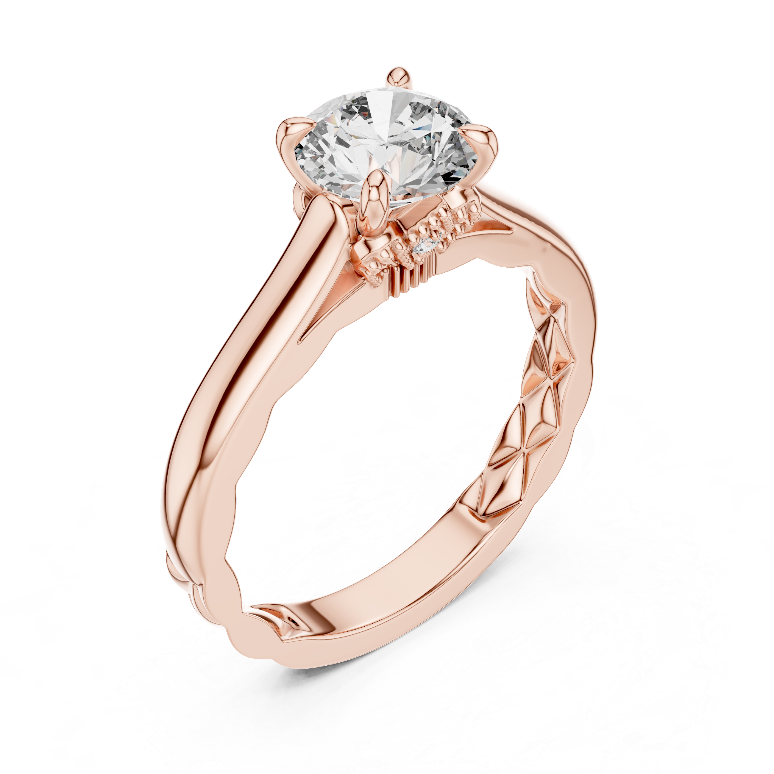 Rose gold ring with a diamond on a white background