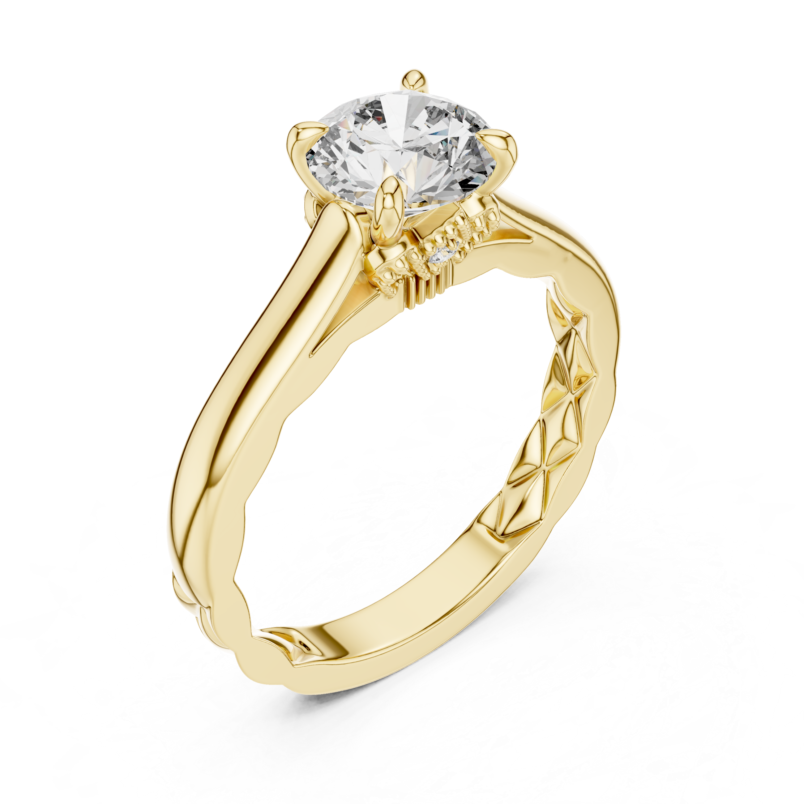 Gold ring with a diamond on a white background