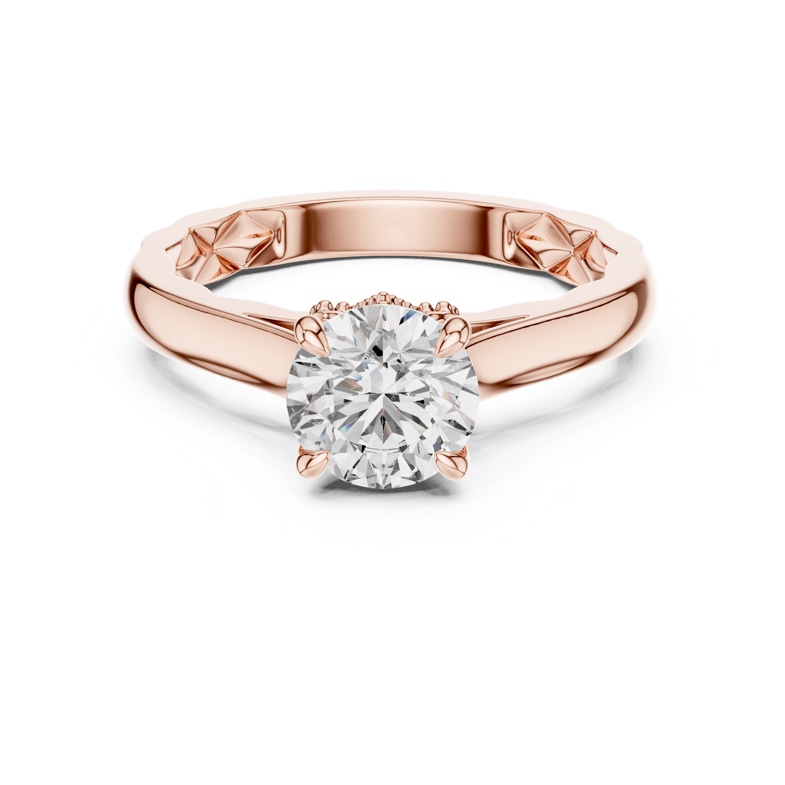 Rose gold ring with a diamond on a white background
