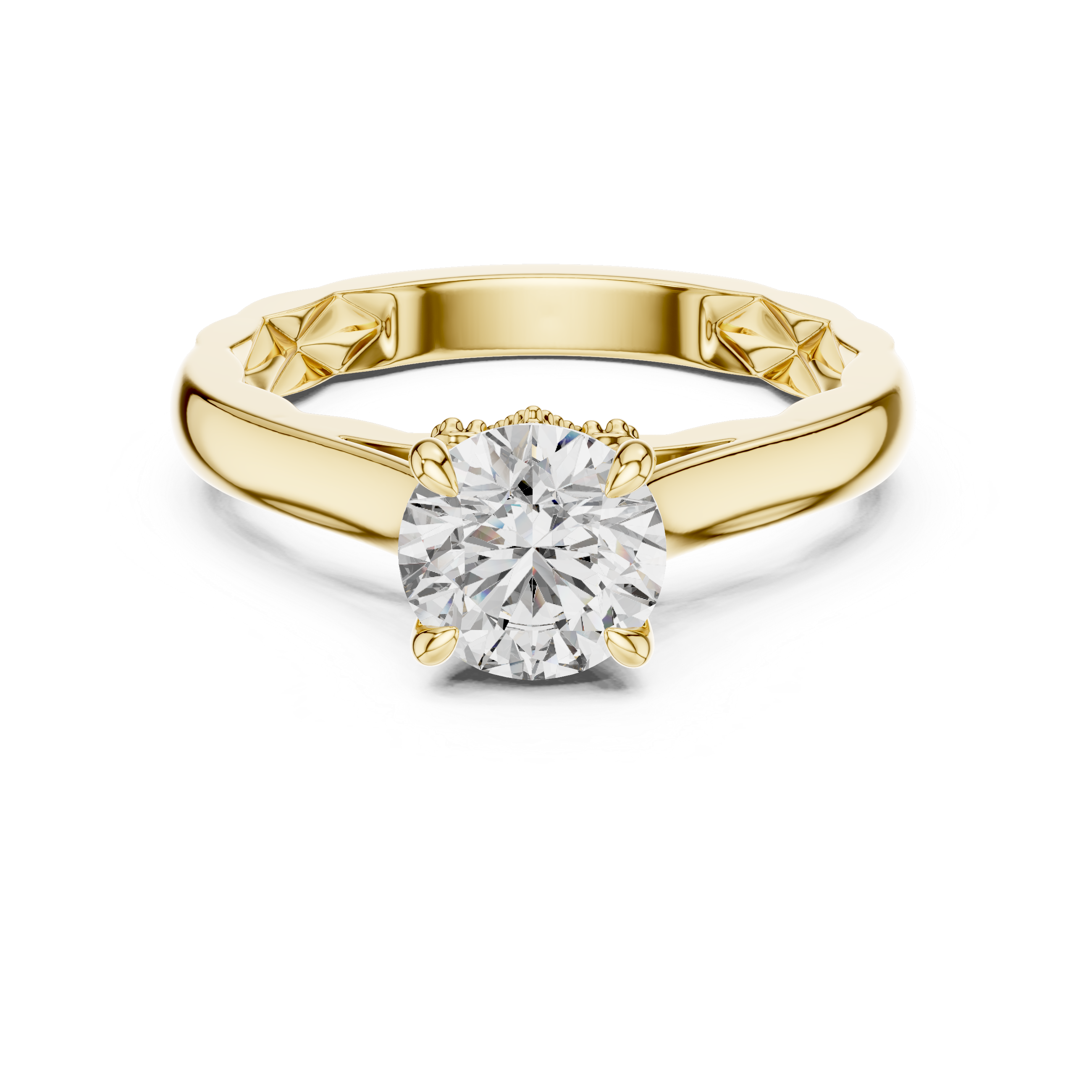 Gold ring with a diamond on a white background