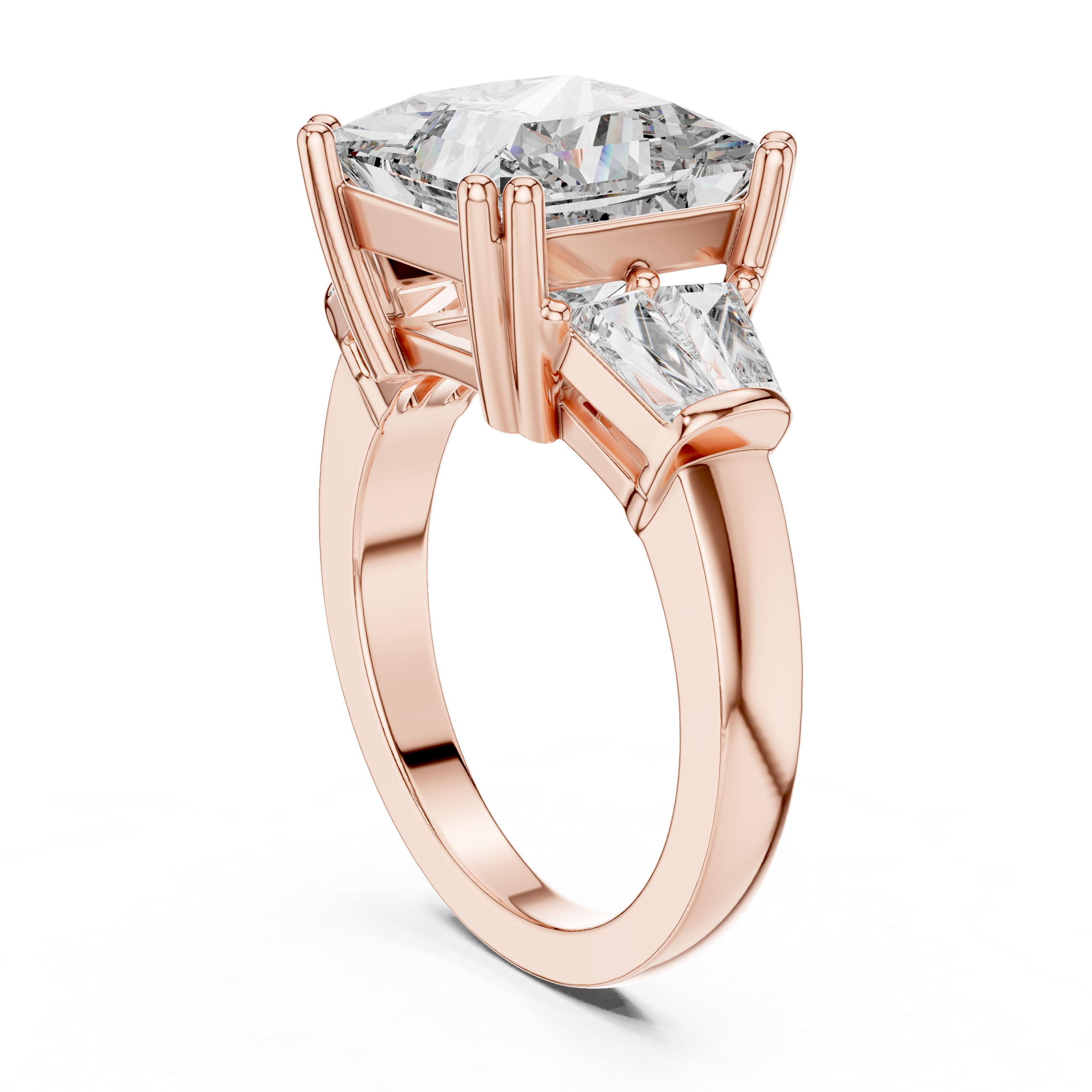 Rose gold ring with two clear gemstones on a white background