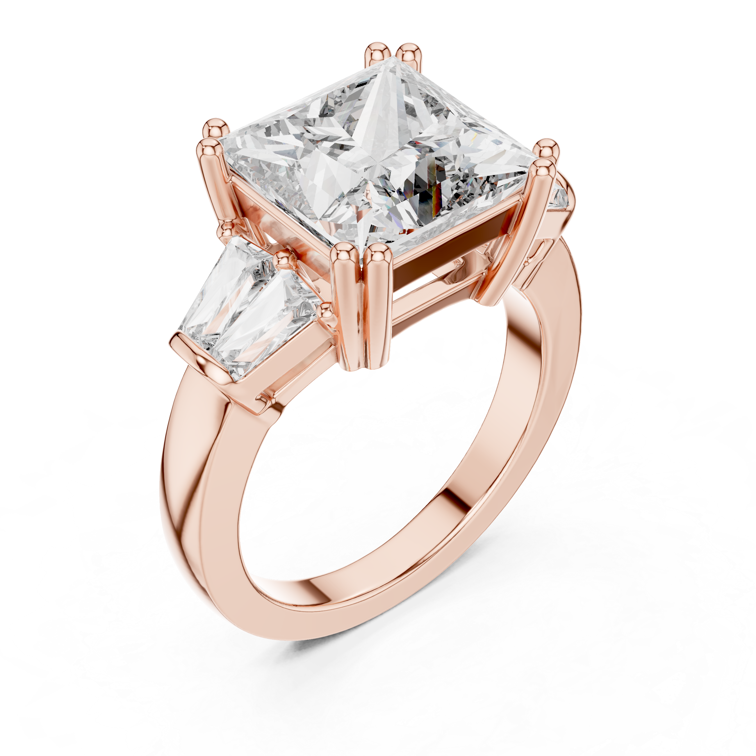 Rose gold ring with two large clear gemstones on a white background