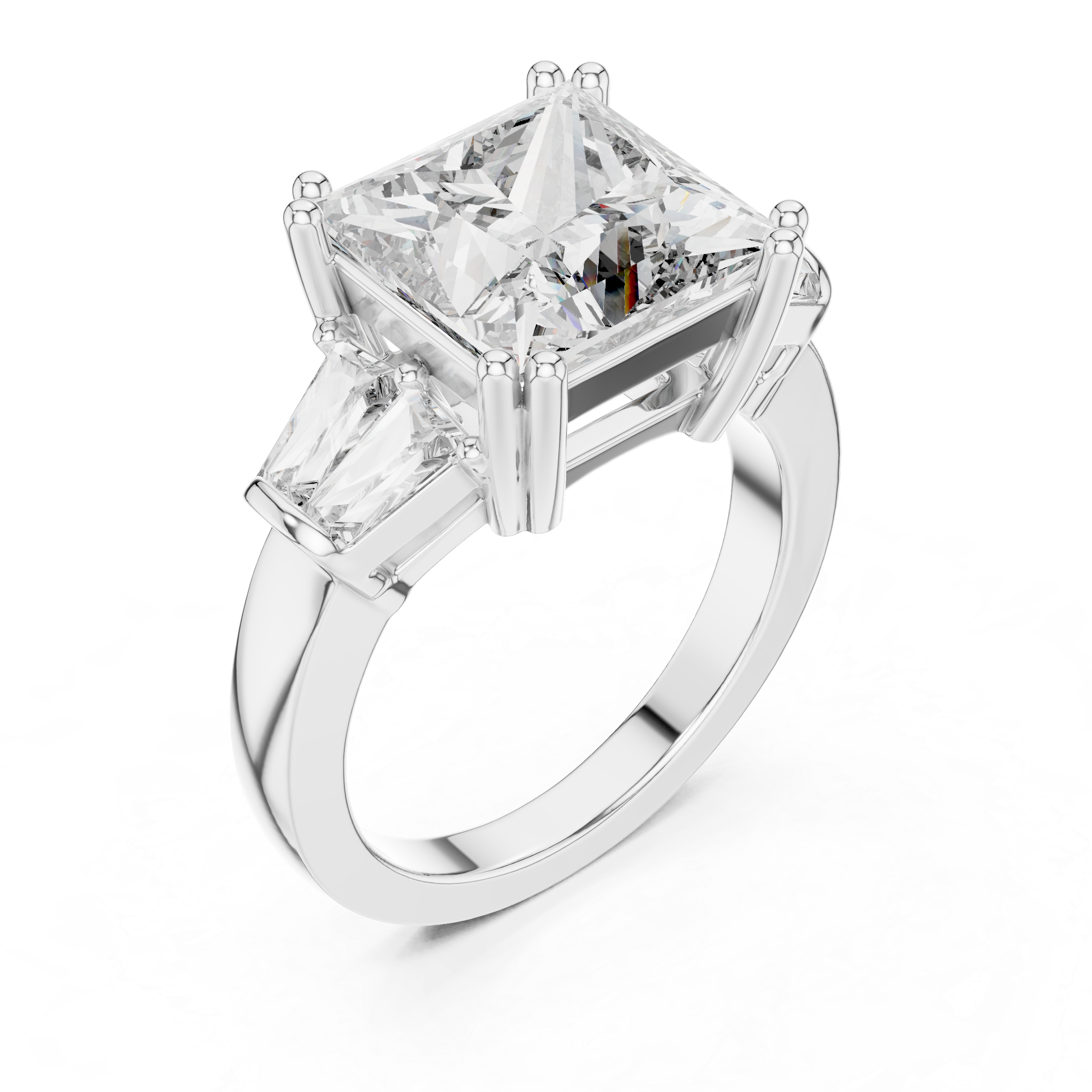 Diamond ring with a prominent central diamond and two smaller diamonds on a white background