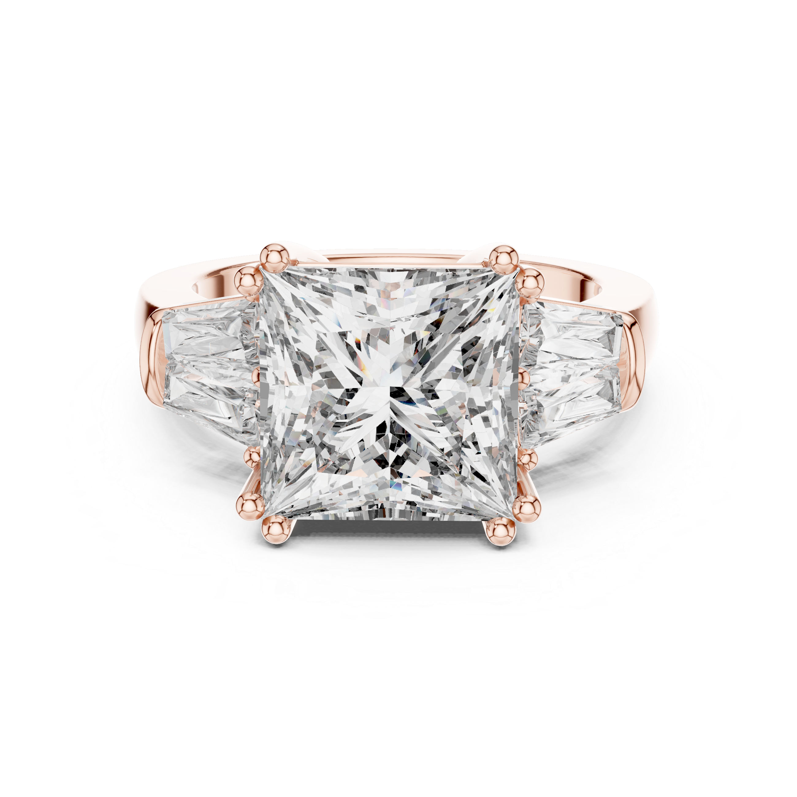 Rose gold ring with three princess-cut diamonds on a white background