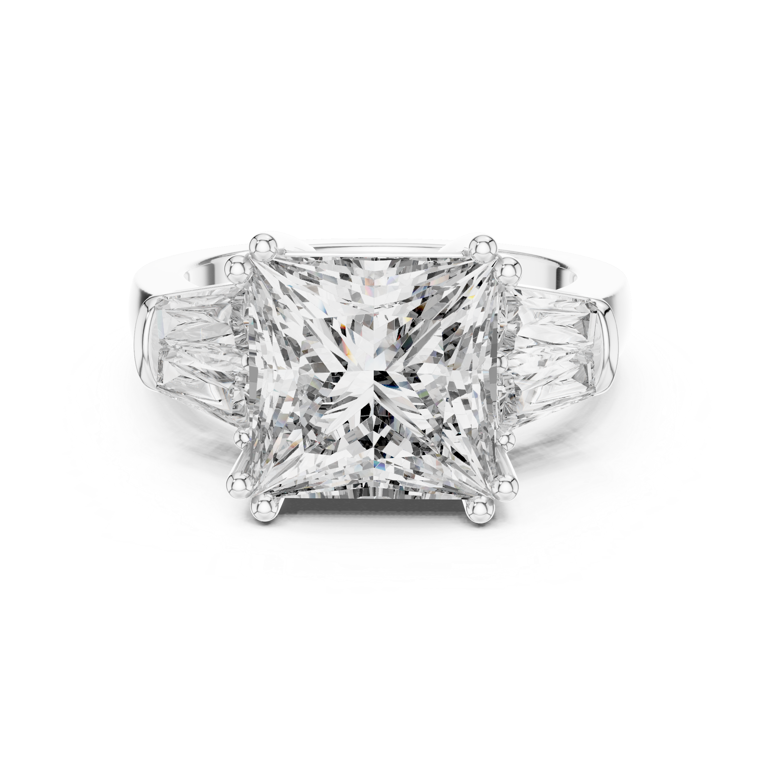 Diamond ring with princess-cut center stone and baguette side stones on a white background
