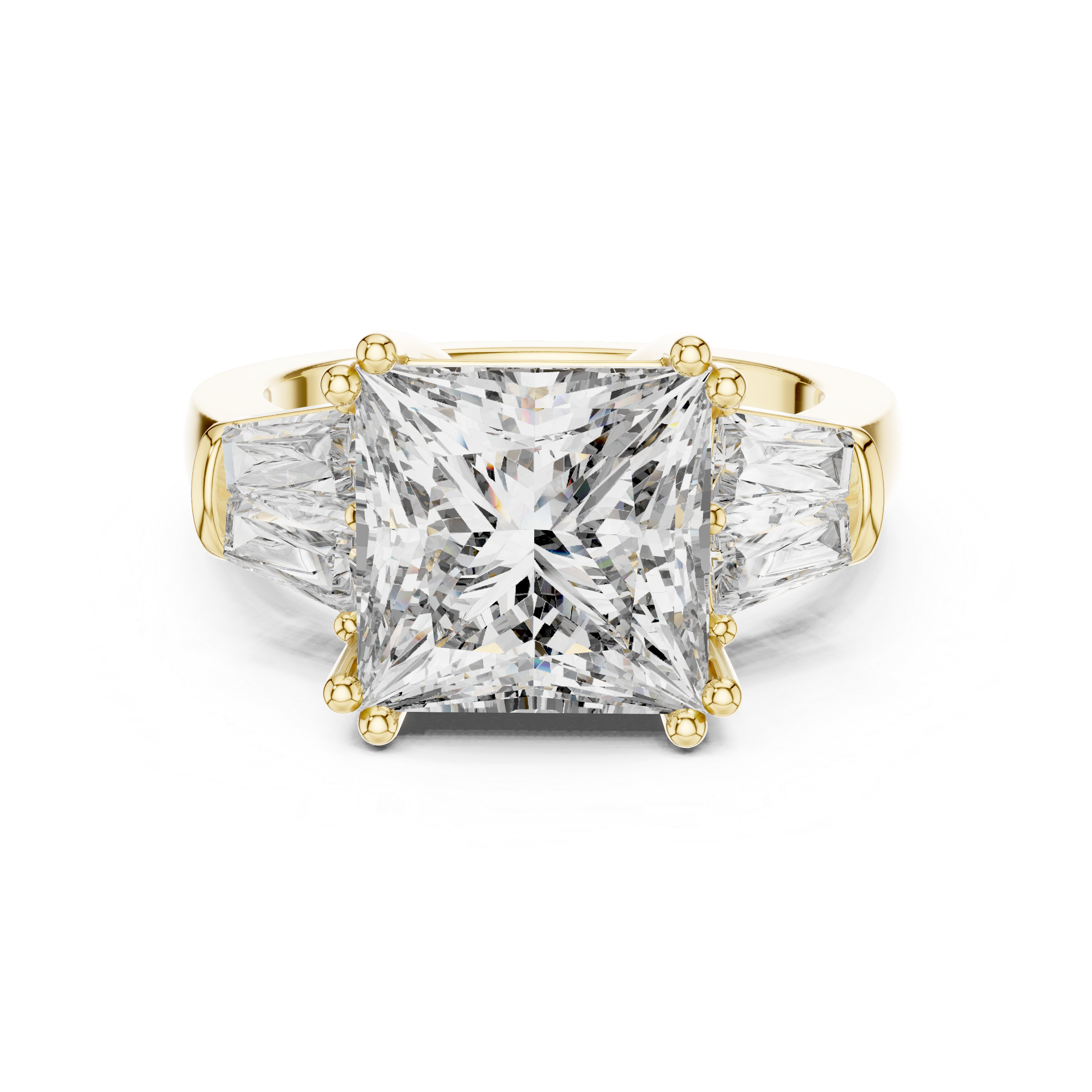 Gold ring with three square-cut diamonds on a white background