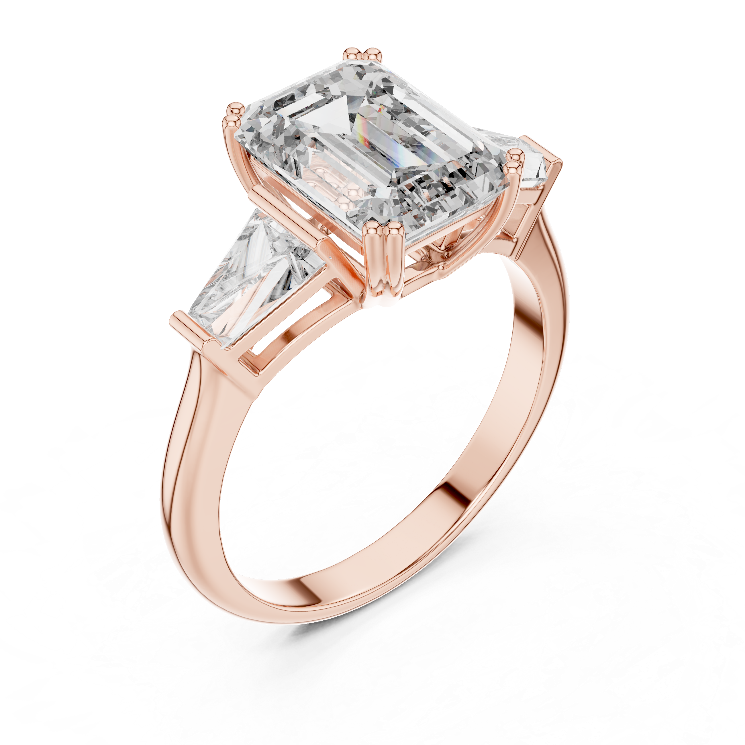 Rose gold ring with emerald-cut diamond and smaller diamonds on a white background