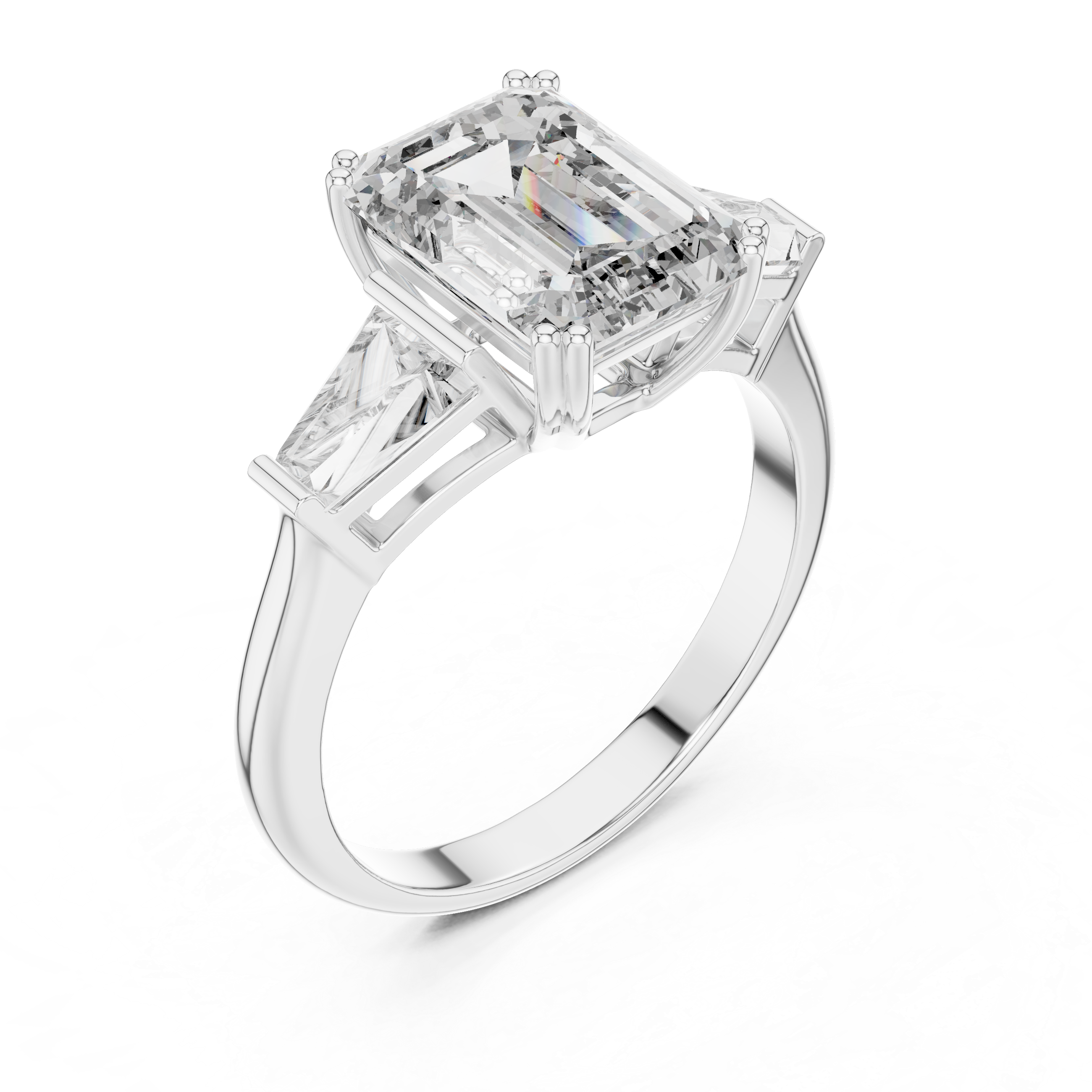 Diamond ring with emerald-cut center stone on a white background