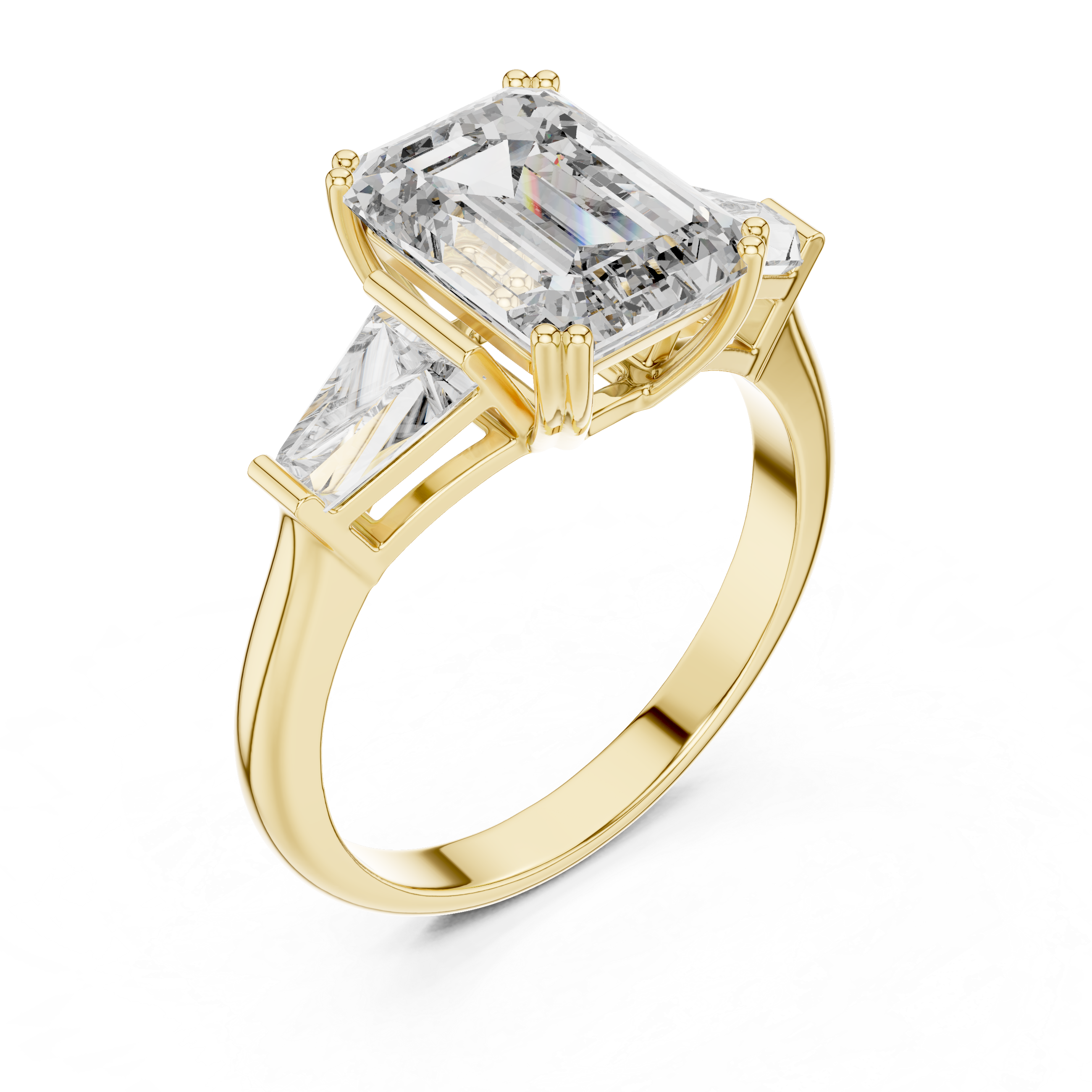 Gold ring with a large diamond and smaller diamonds on a white background