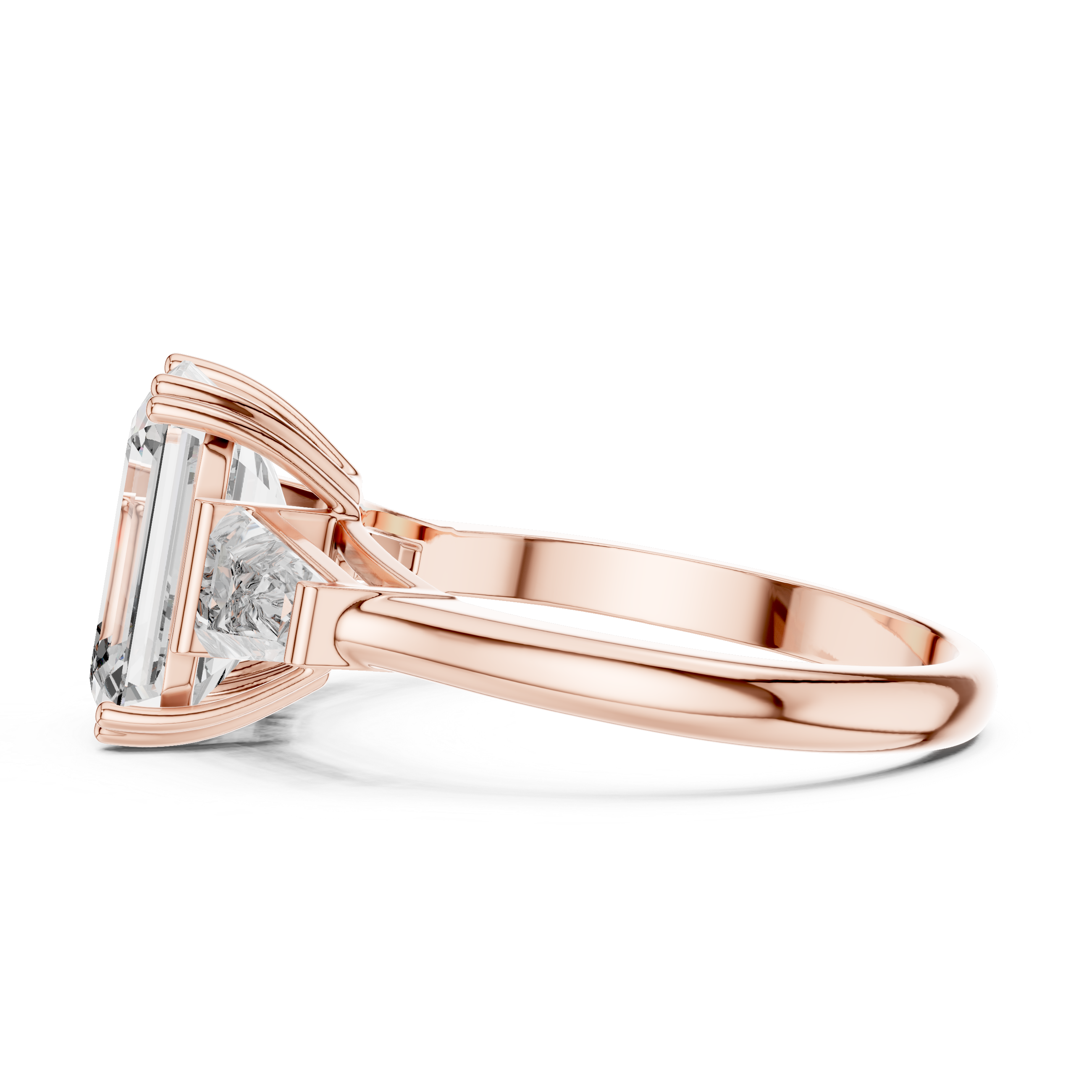 Rose gold ring with a diamond on a white background