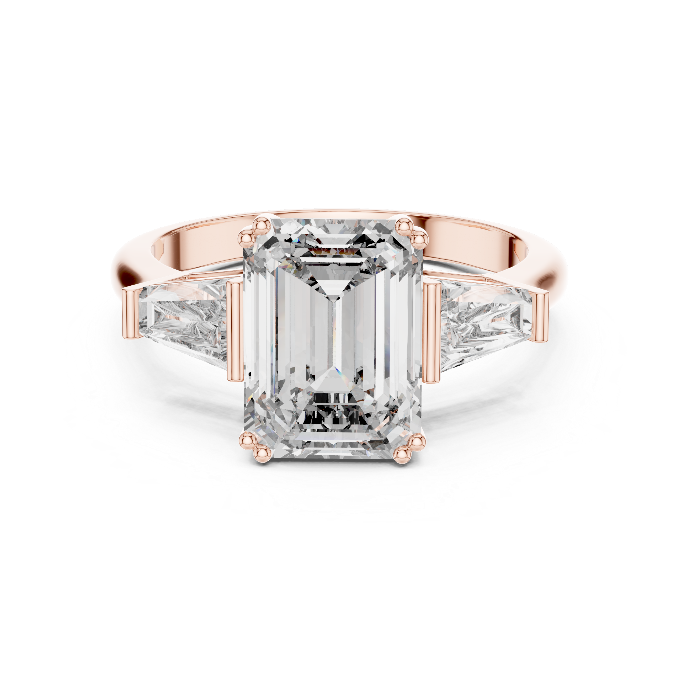 Rose gold ring with a large emerald-cut diamond on a white background
