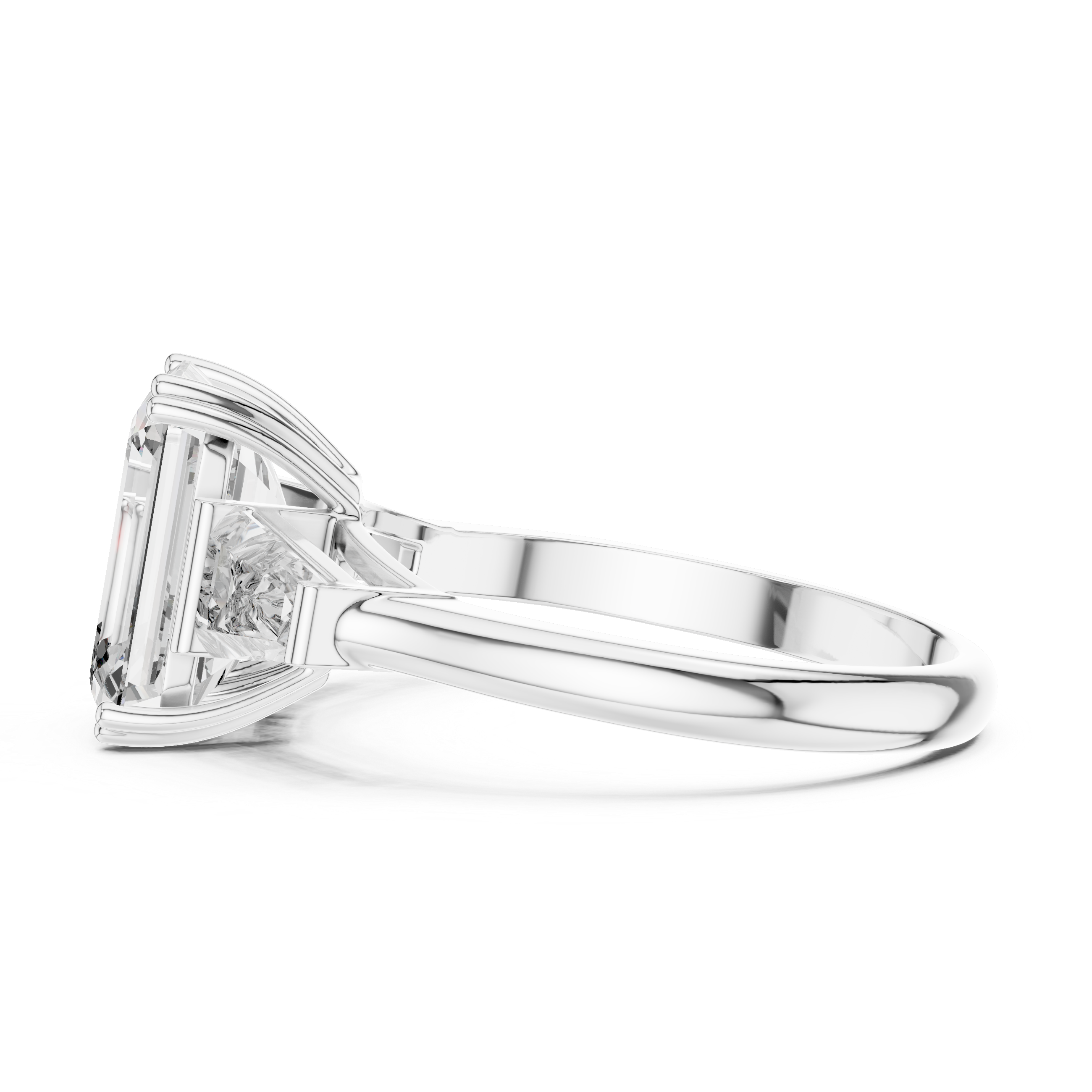 Diamond ring with emerald-cut diamond on a white background