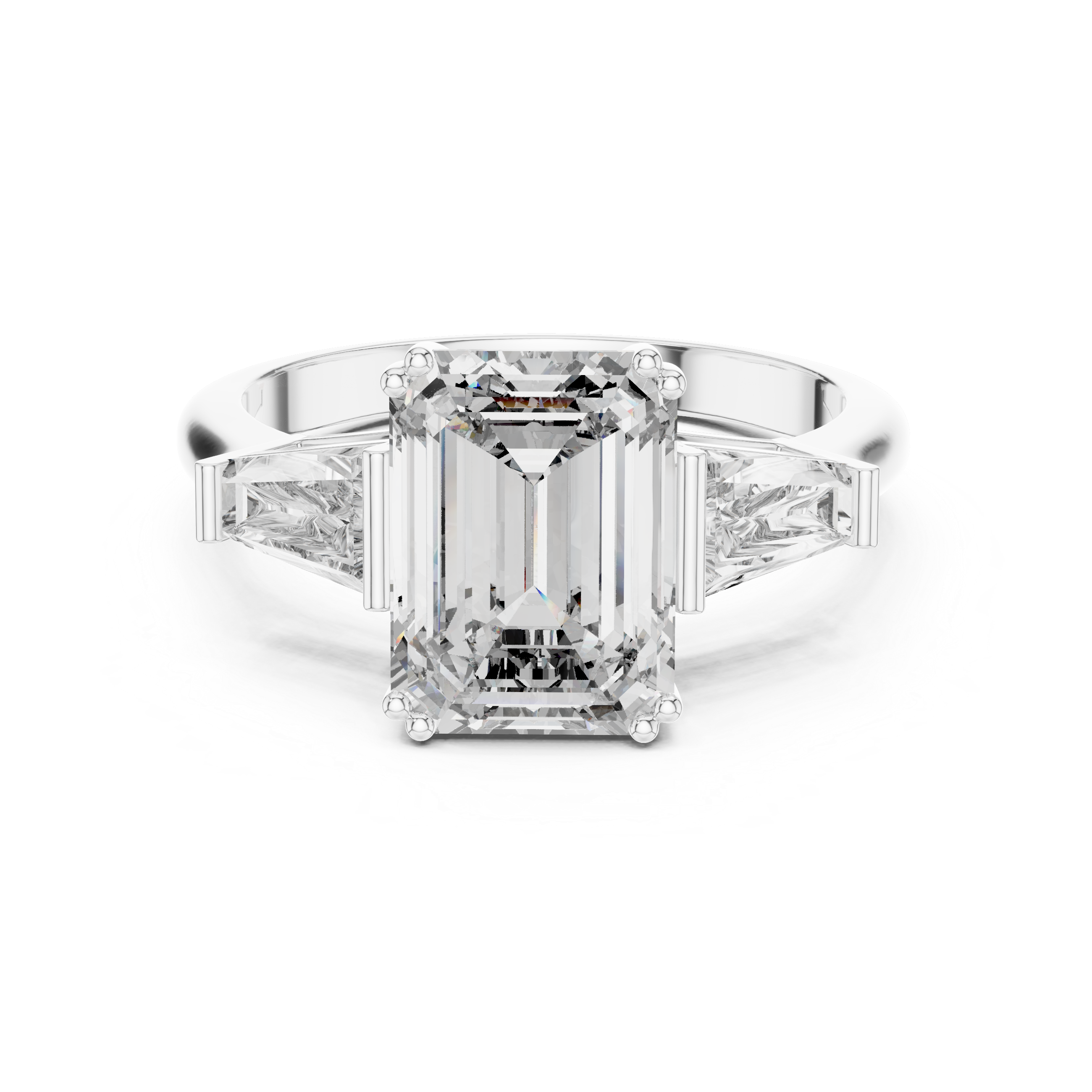 Diamond ring with emerald-cut center stone and baguette side stones on a white background