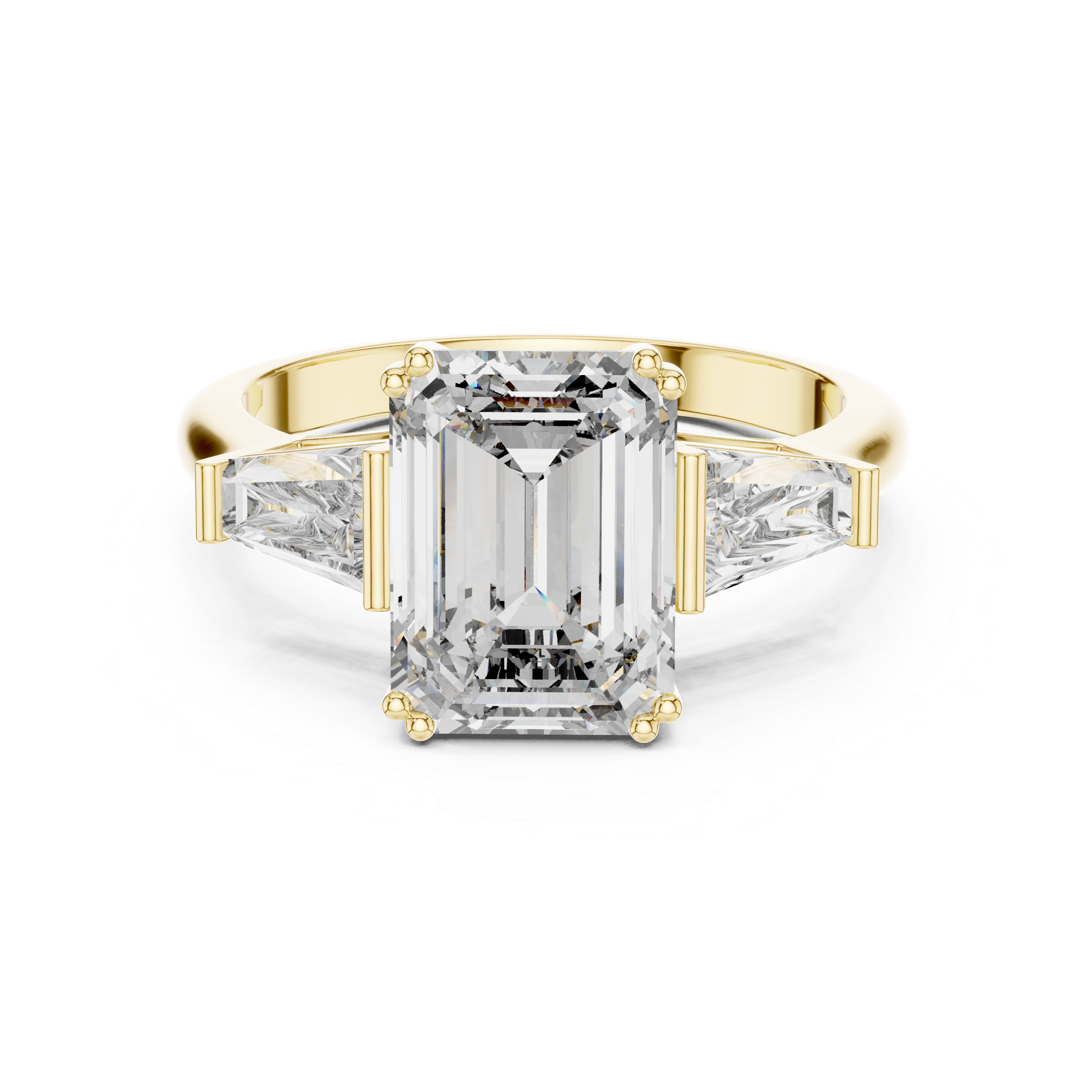 Gold ring with a large emerald-cut diamond on a white background