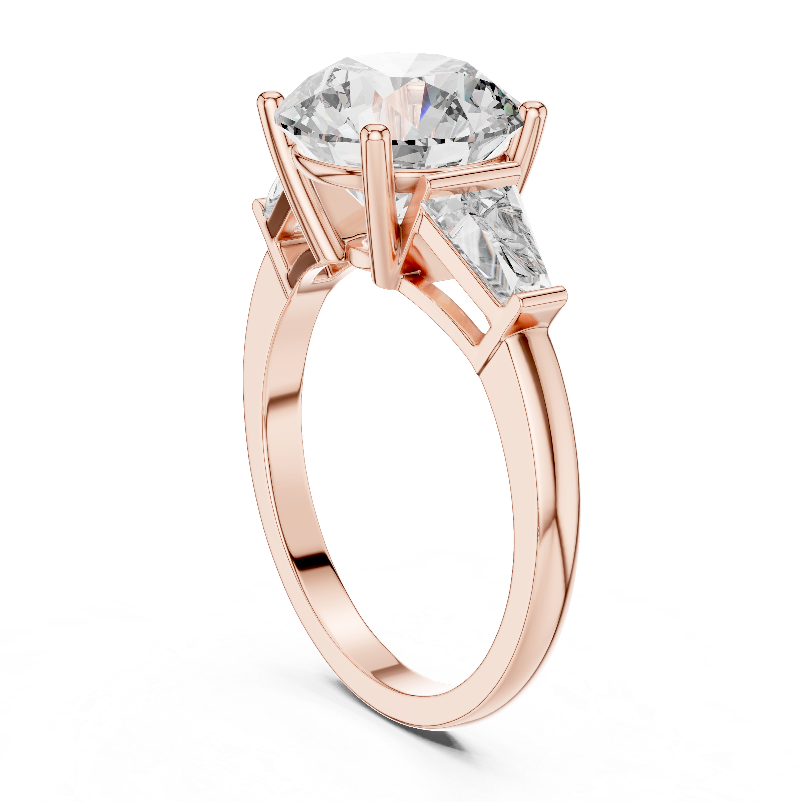 Rose gold ring with a large diamond and smaller side stones on a white background