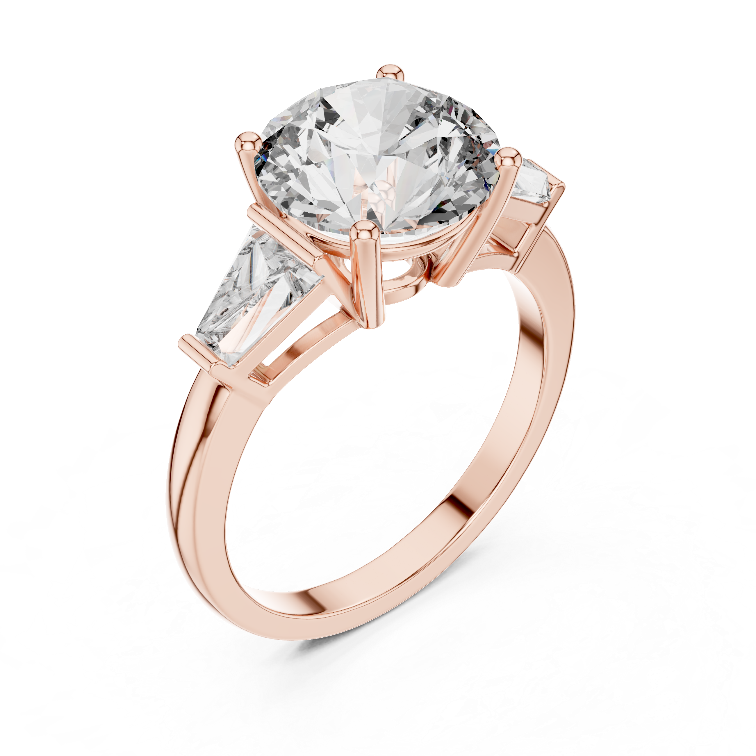 Rose gold ring with a large diamond and smaller side stones on a white background