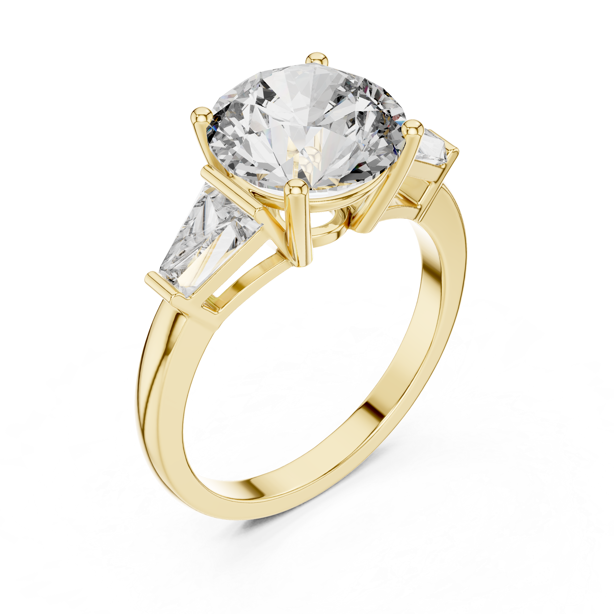 Gold ring with a large central diamond and smaller diamonds on the sides against a white background