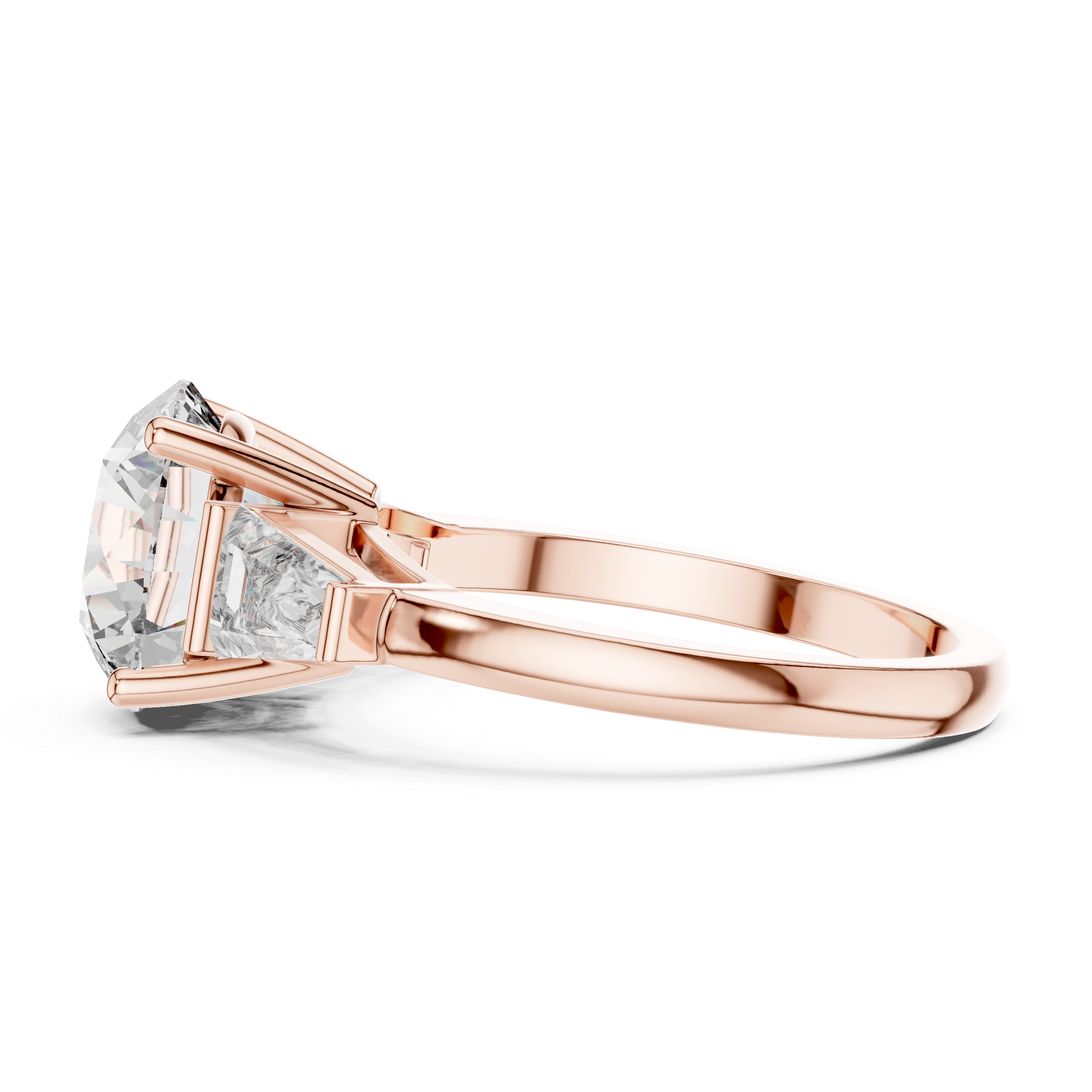 Rose gold ring with a large diamond on a white background