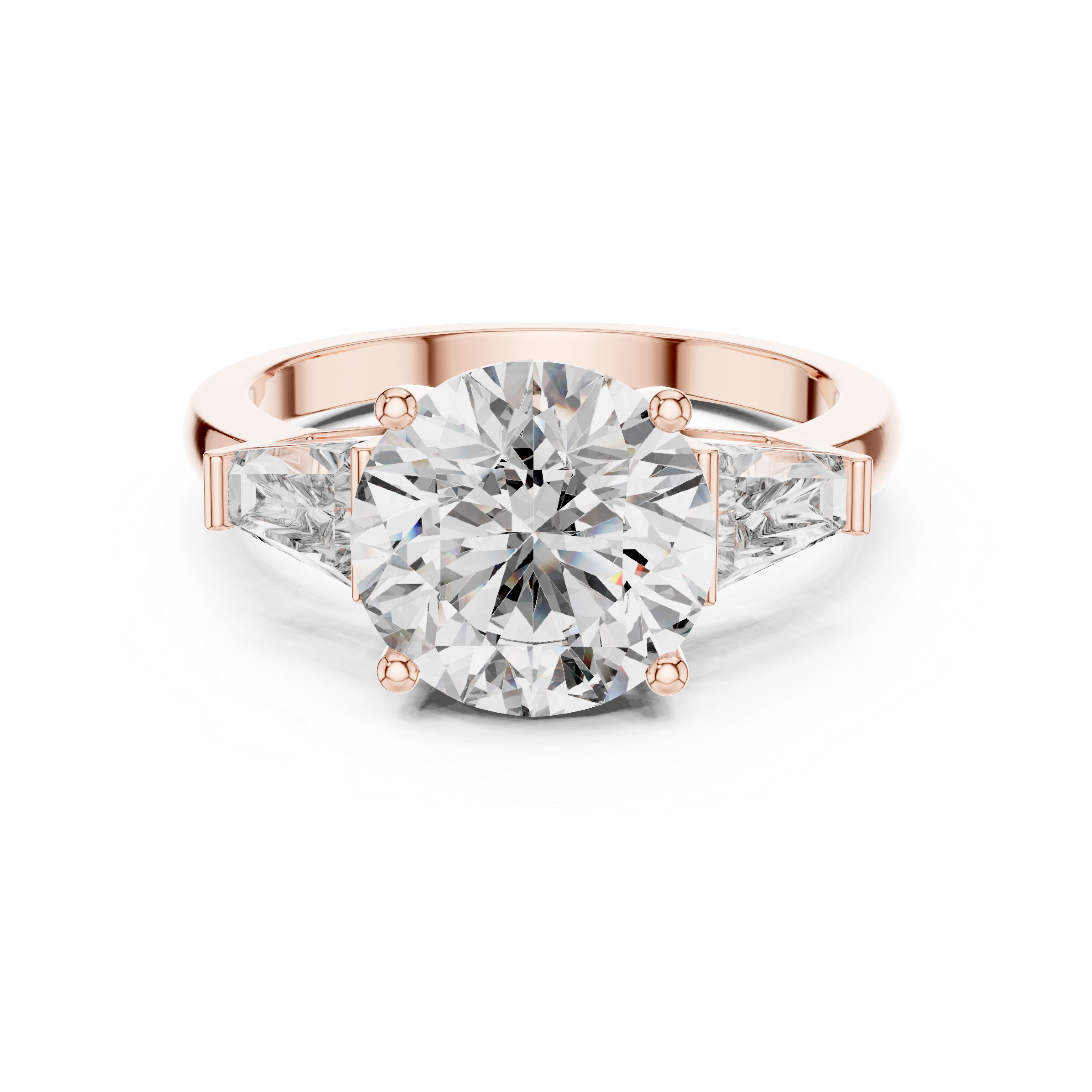 Rose gold ring with a large diamond on a white background