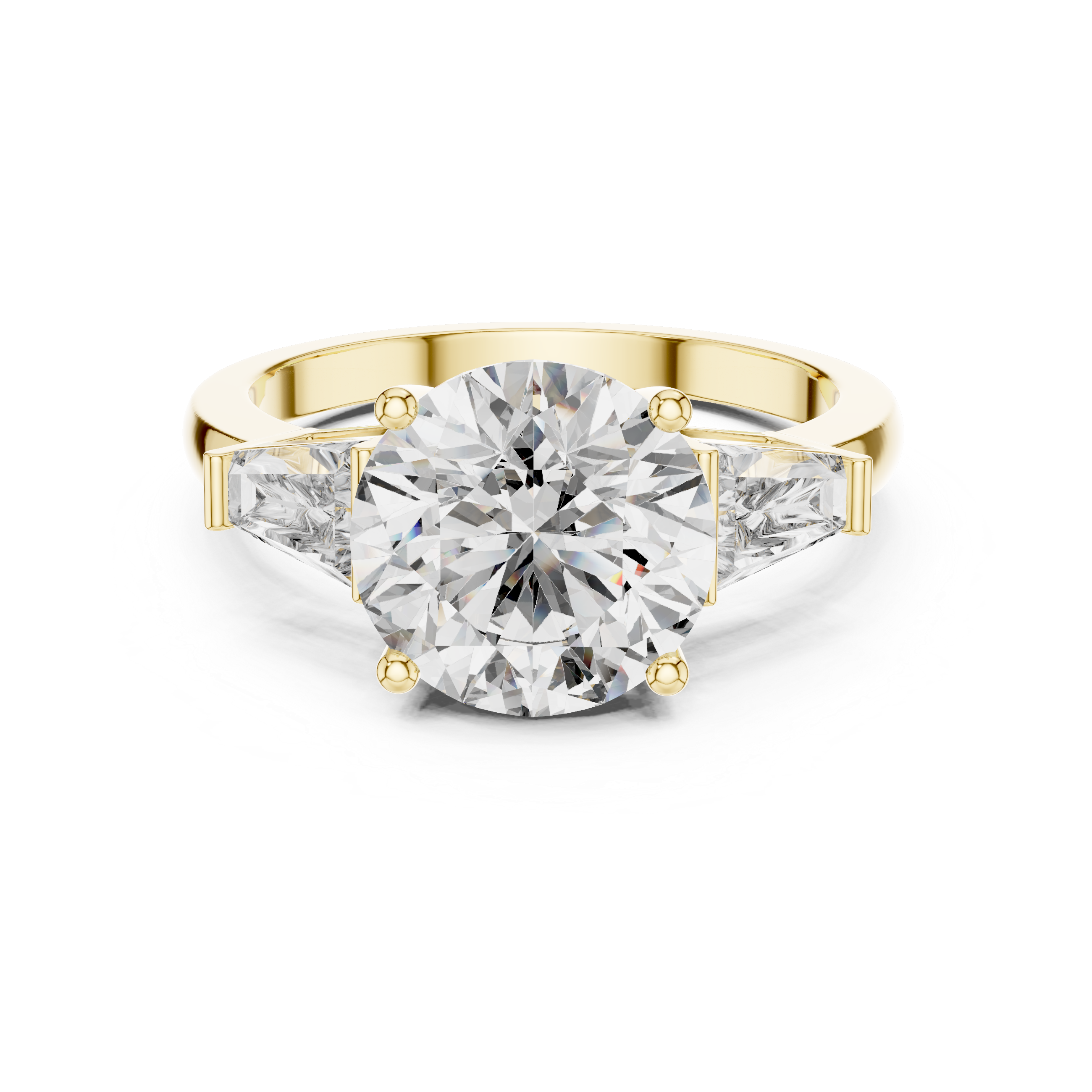 Gold ring with a large diamond on a white background