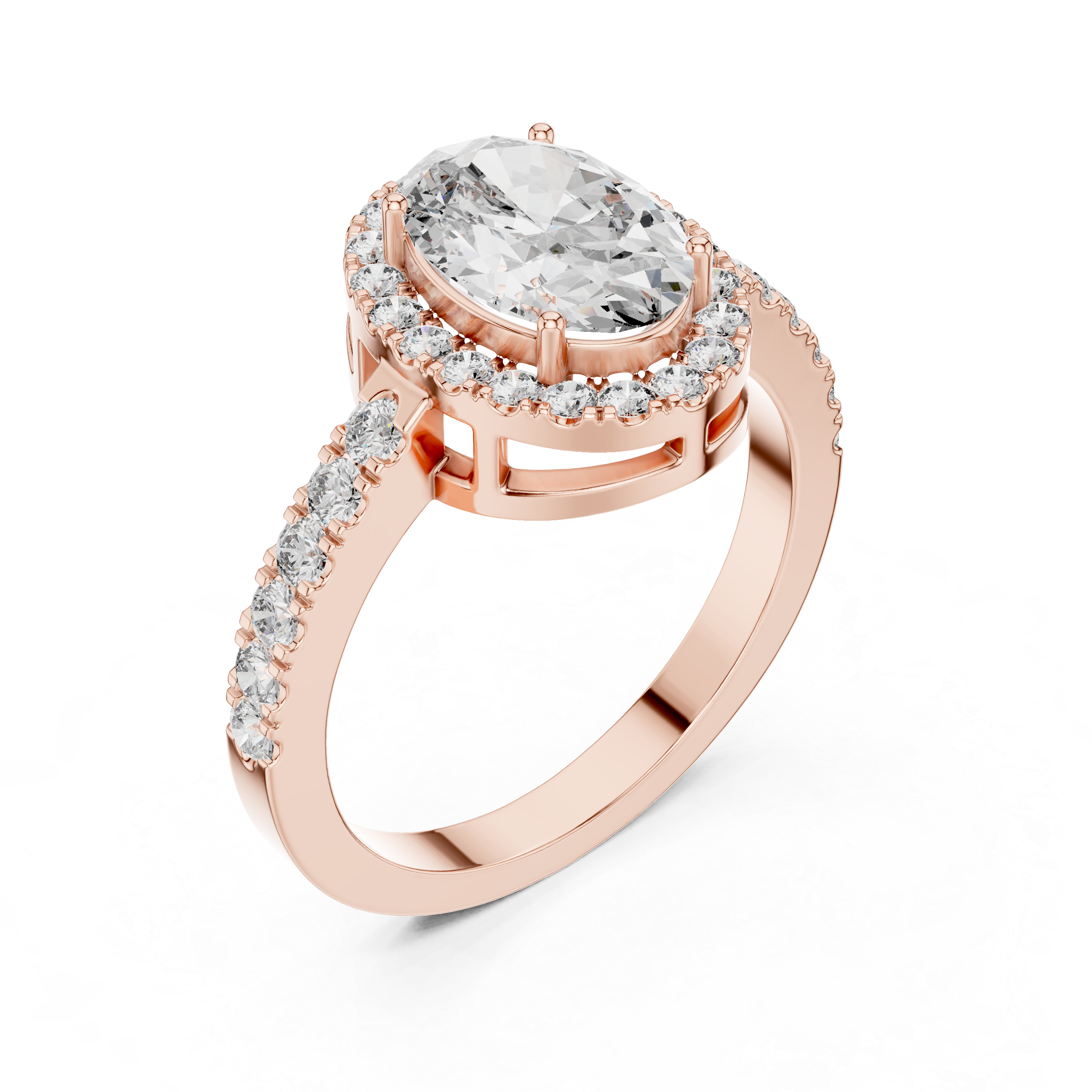 Rose gold ring with a large central gemstone and smaller diamonds on a white background