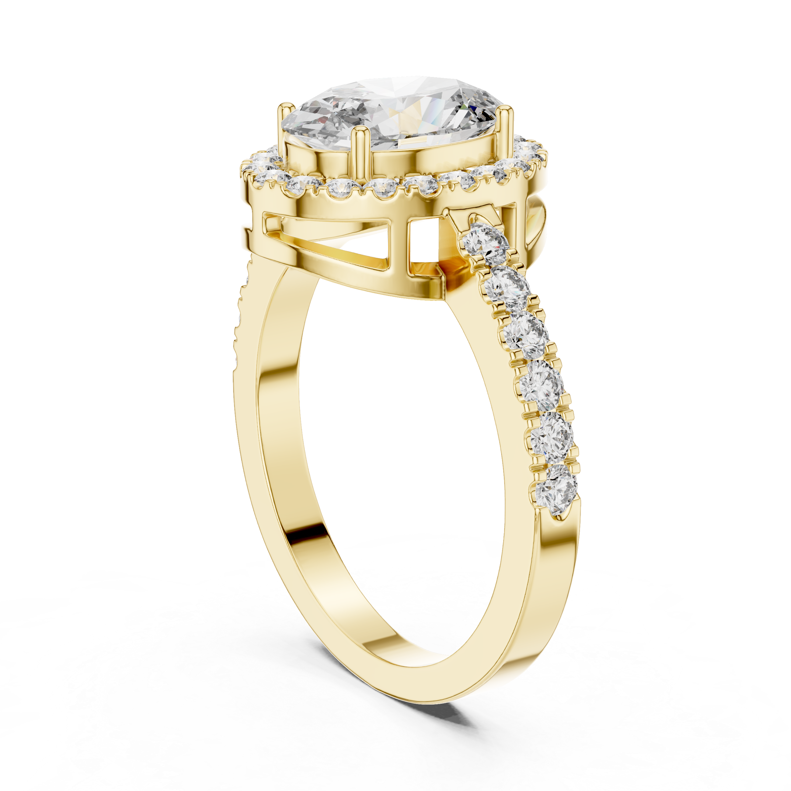 Gold ring with a large central diamond and smaller diamonds on the band against a white background