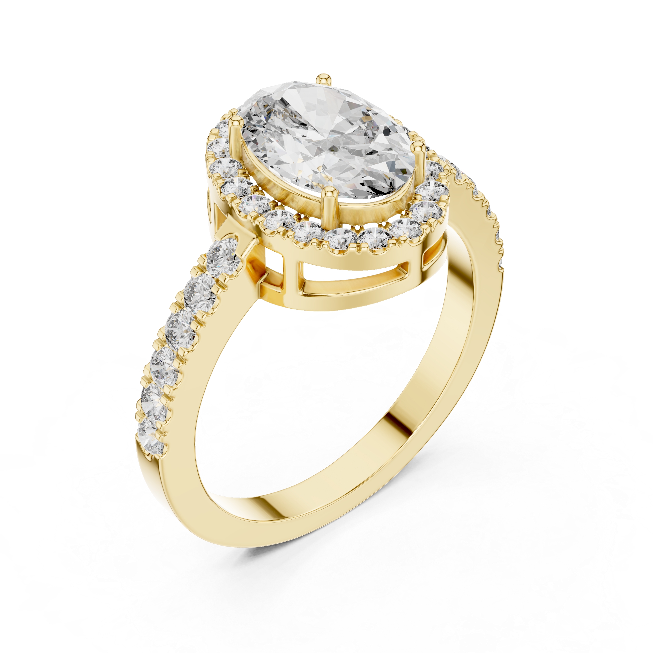 Gold ring with a large central diamond and smaller diamonds on a white background