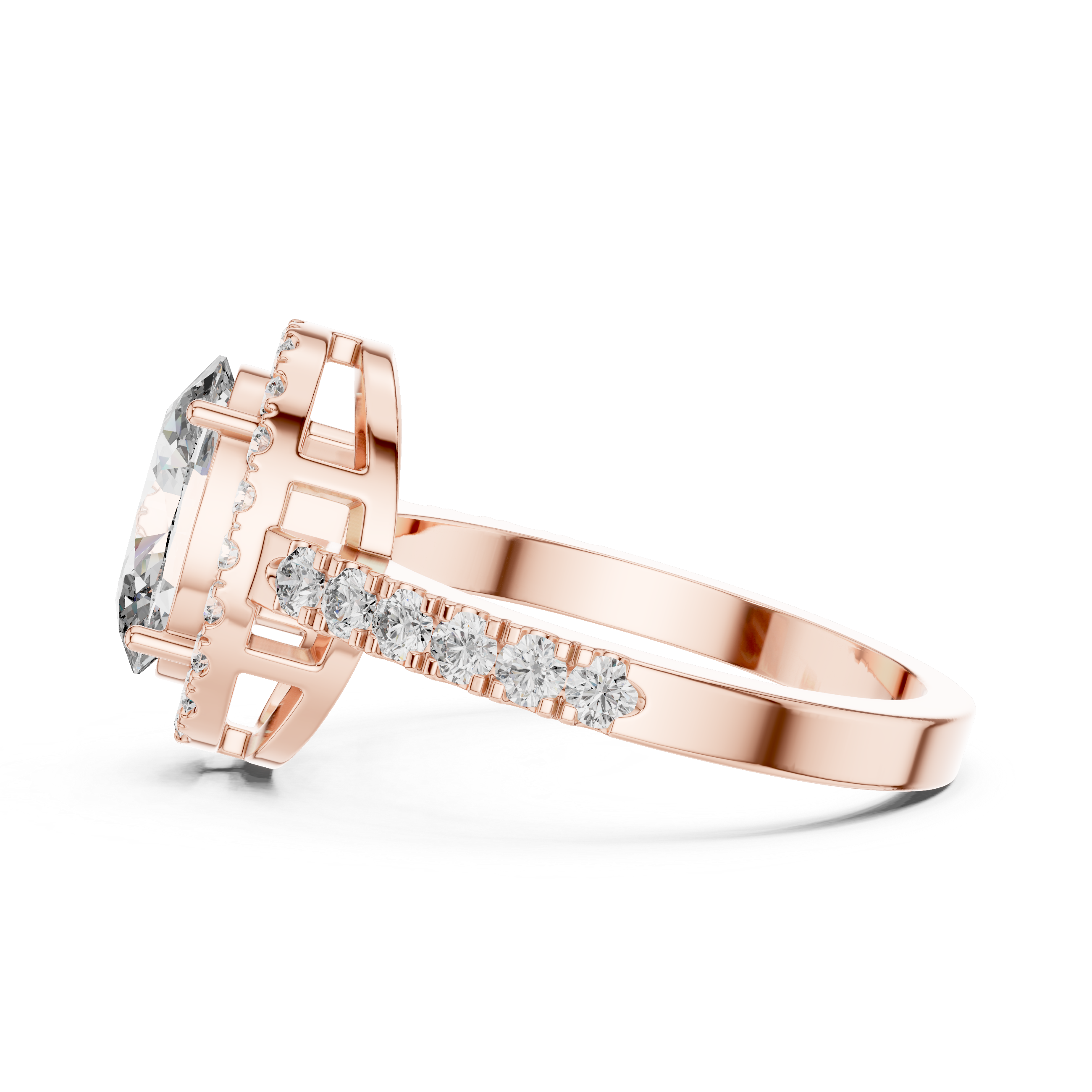 Rose gold ring with diamond accents on a white background