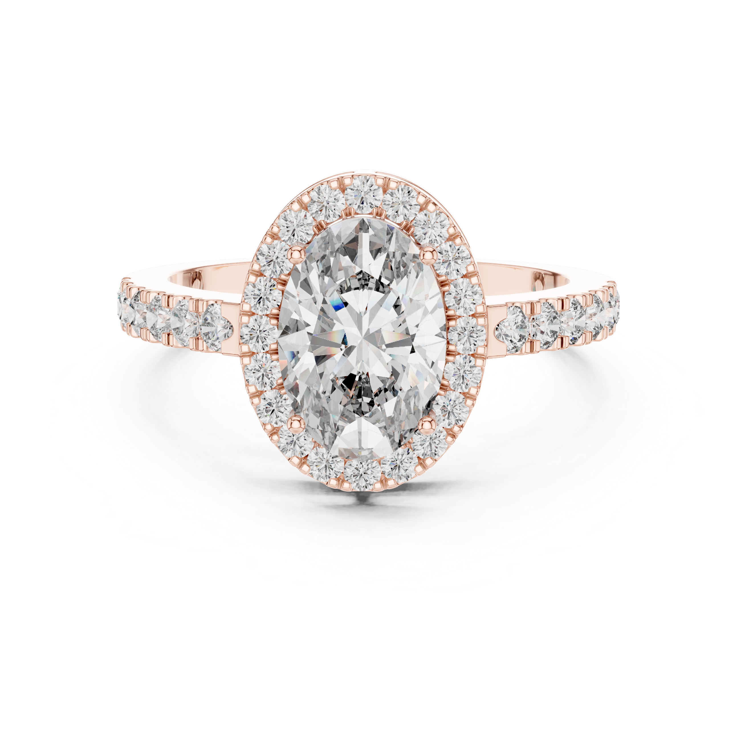 Rose gold ring with a large diamond and smaller diamonds on a white background