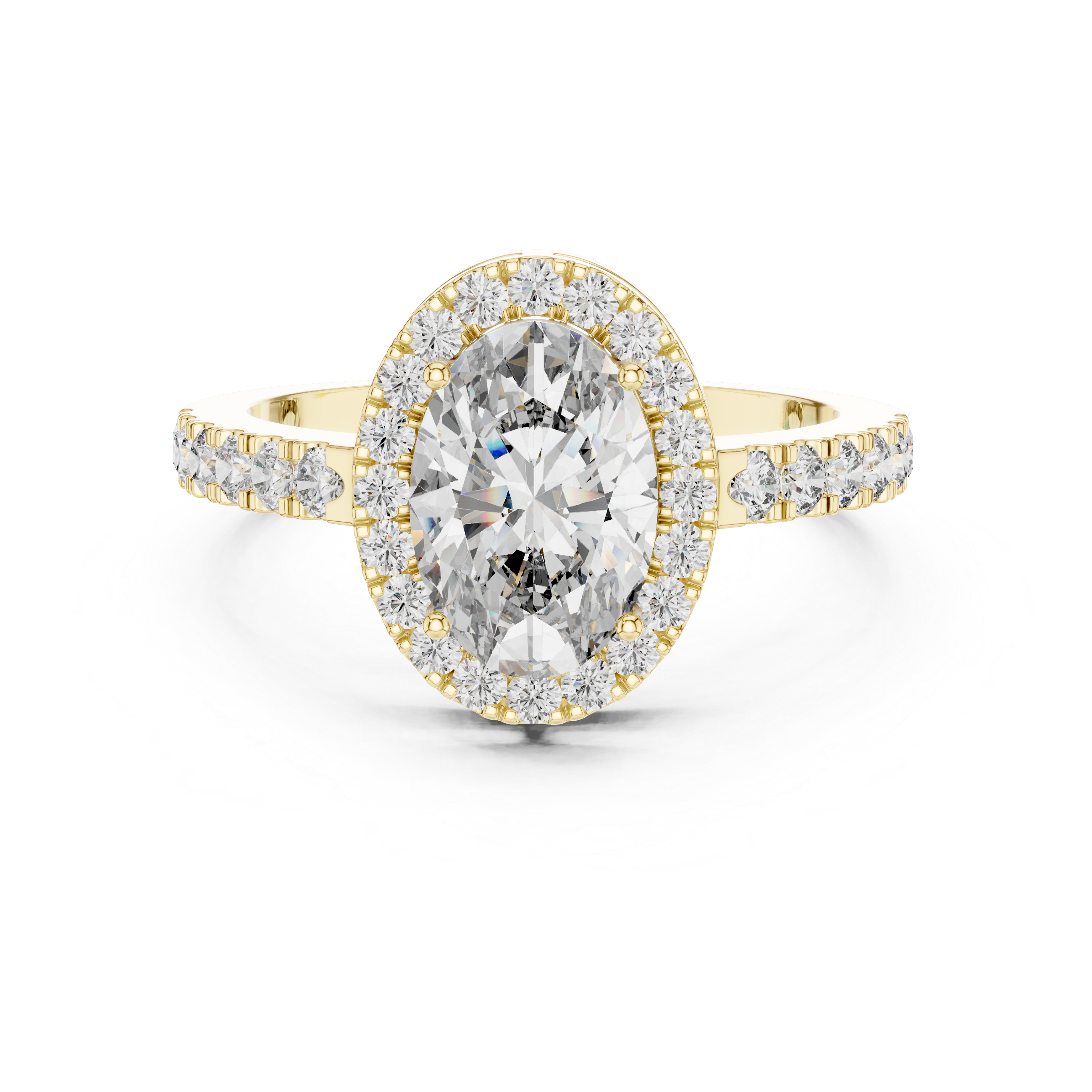 Gold ring with a large central diamond and smaller diamonds around on a white background