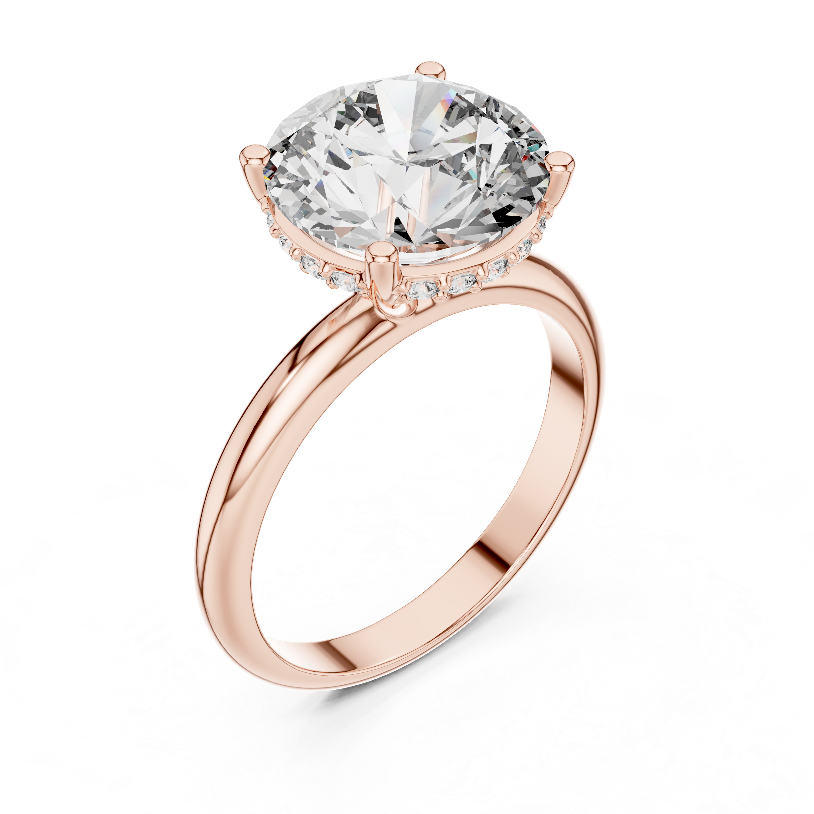 Rose gold ring with a large diamond and smaller diamonds on the band against a white background