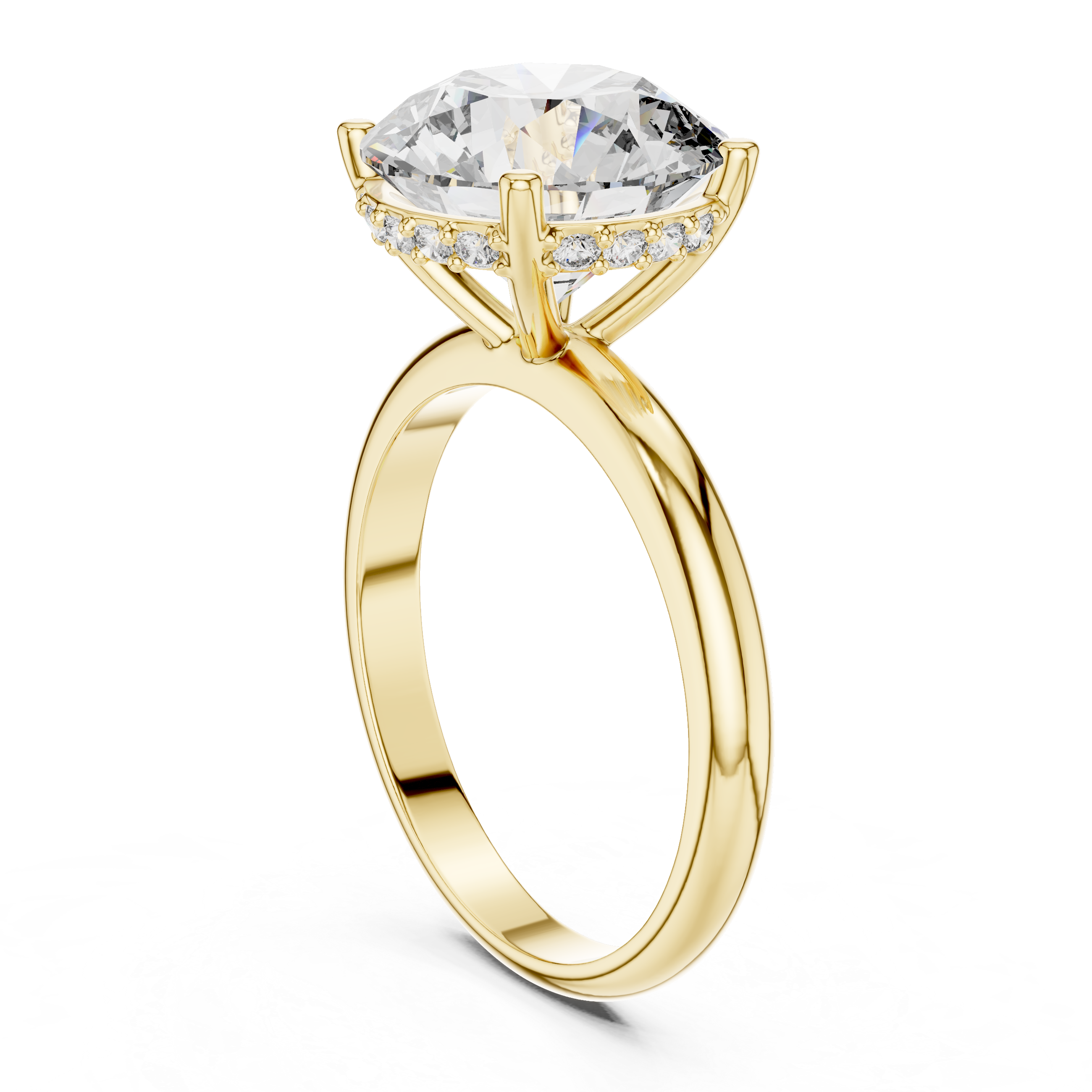 Gold ring with a large diamond on a white background