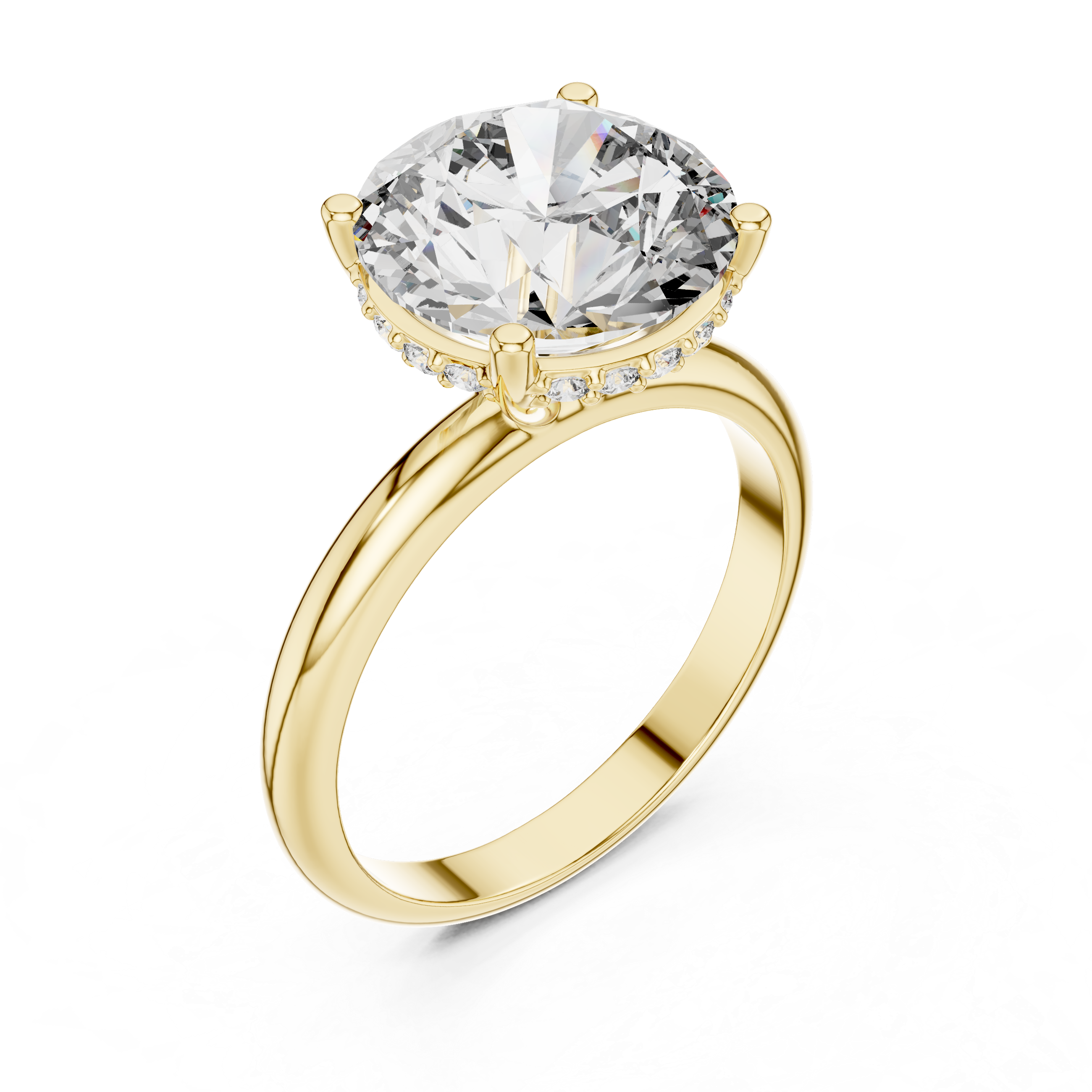 Gold ring with a large diamond on a white background