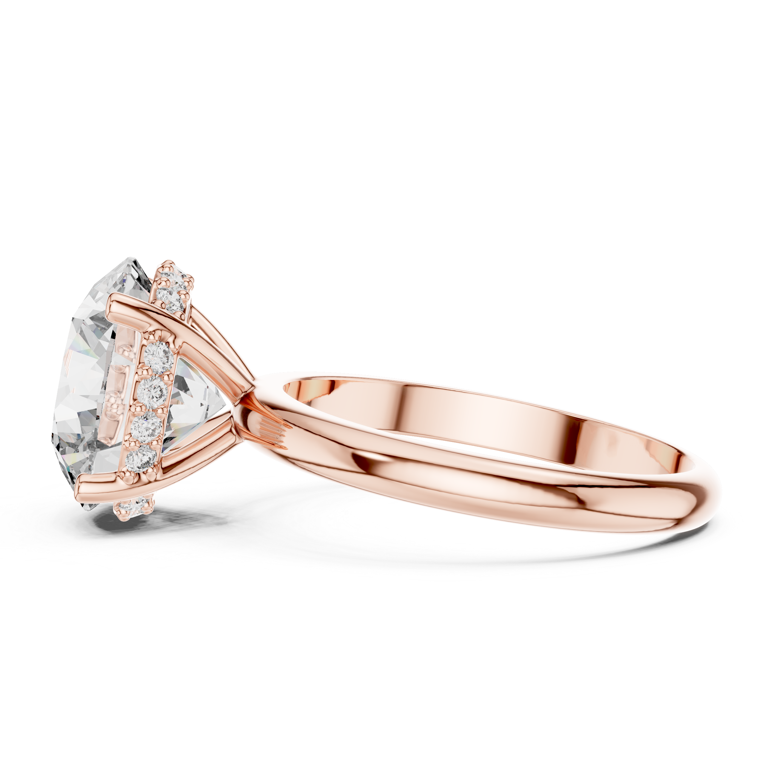 Rose gold ring with a large diamond and smaller diamonds on a white background