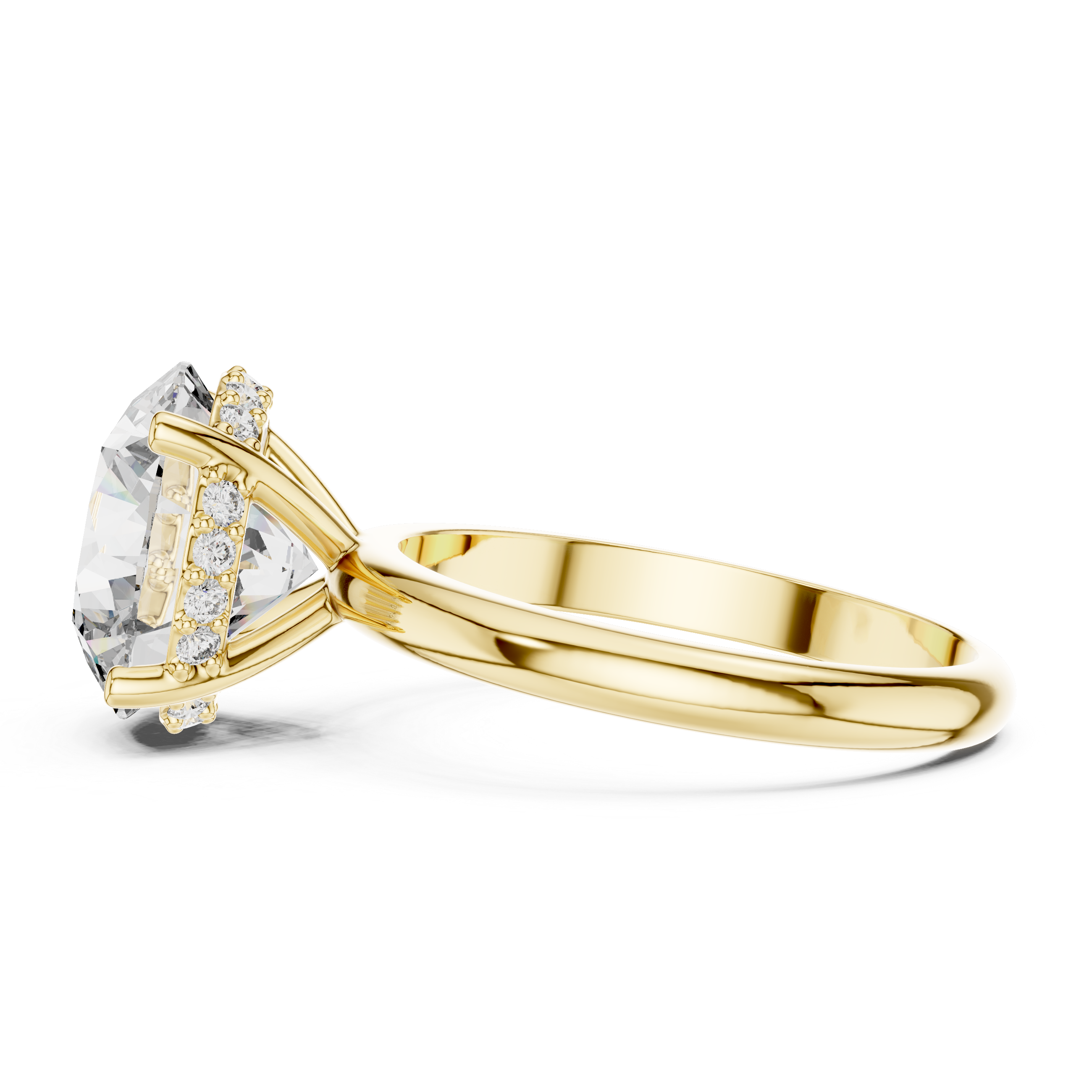 Gold ring with a large diamond and smaller diamonds on the band against a white background