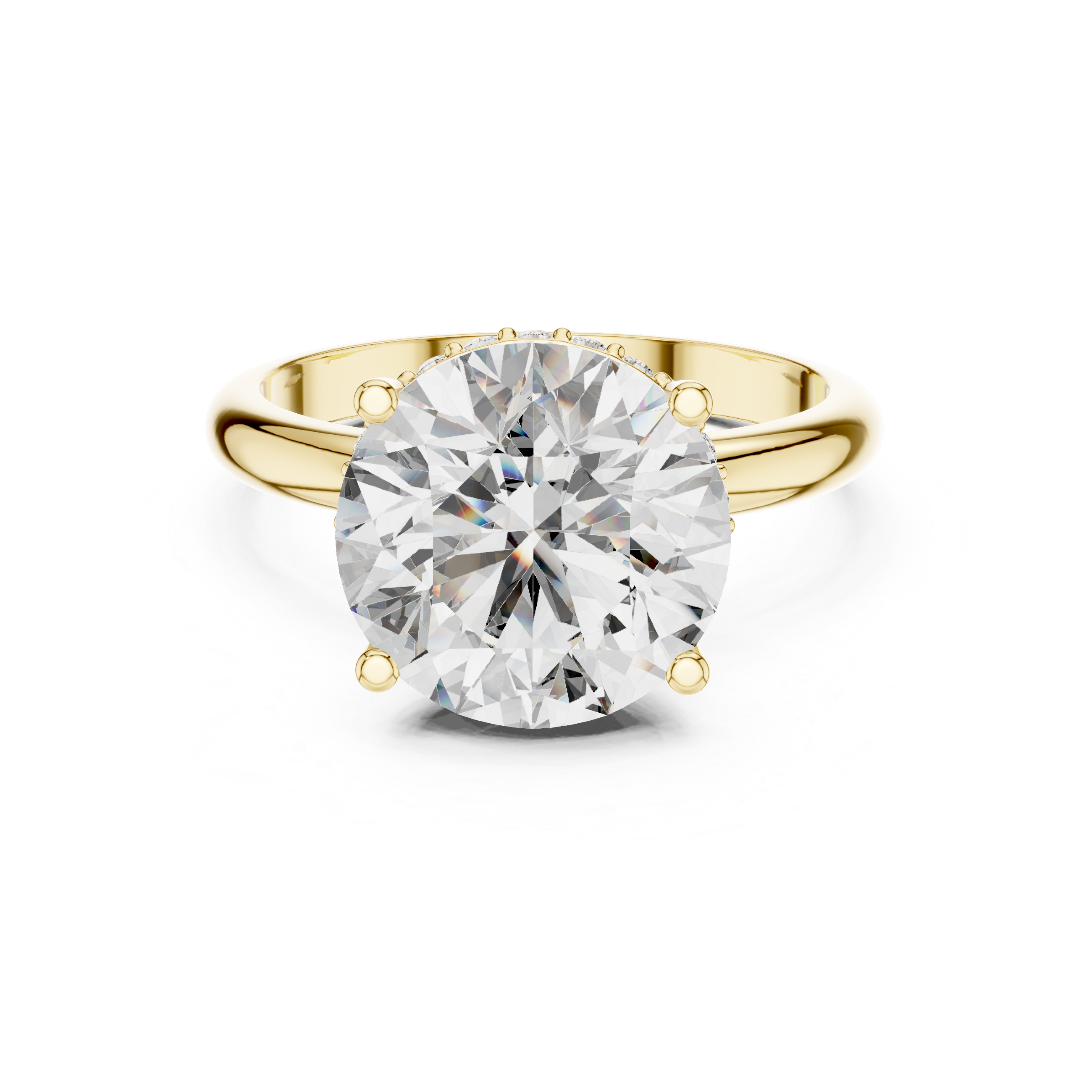 Gold ring with a large diamond on a white background