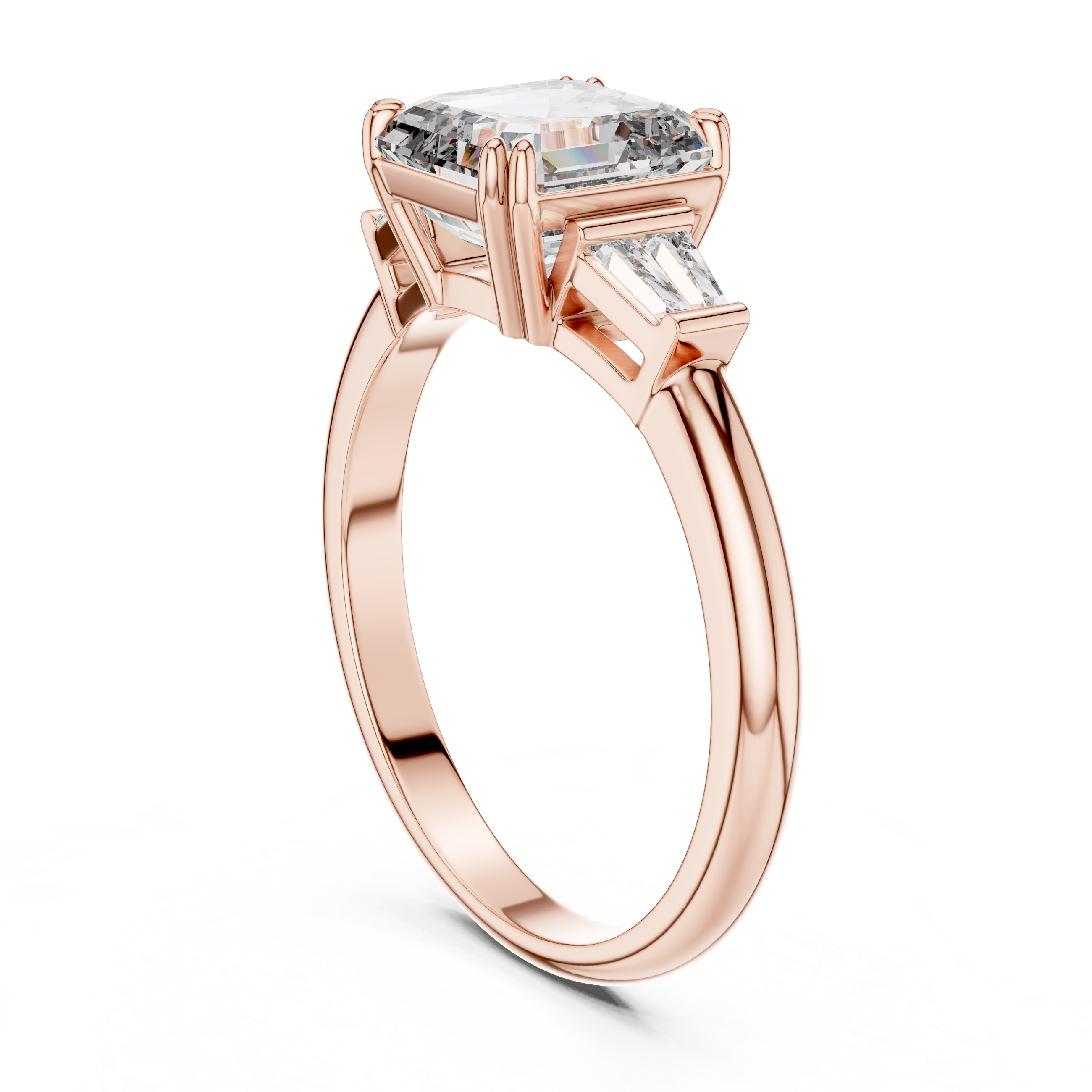 Rose gold ring with three diamond stones on a white background